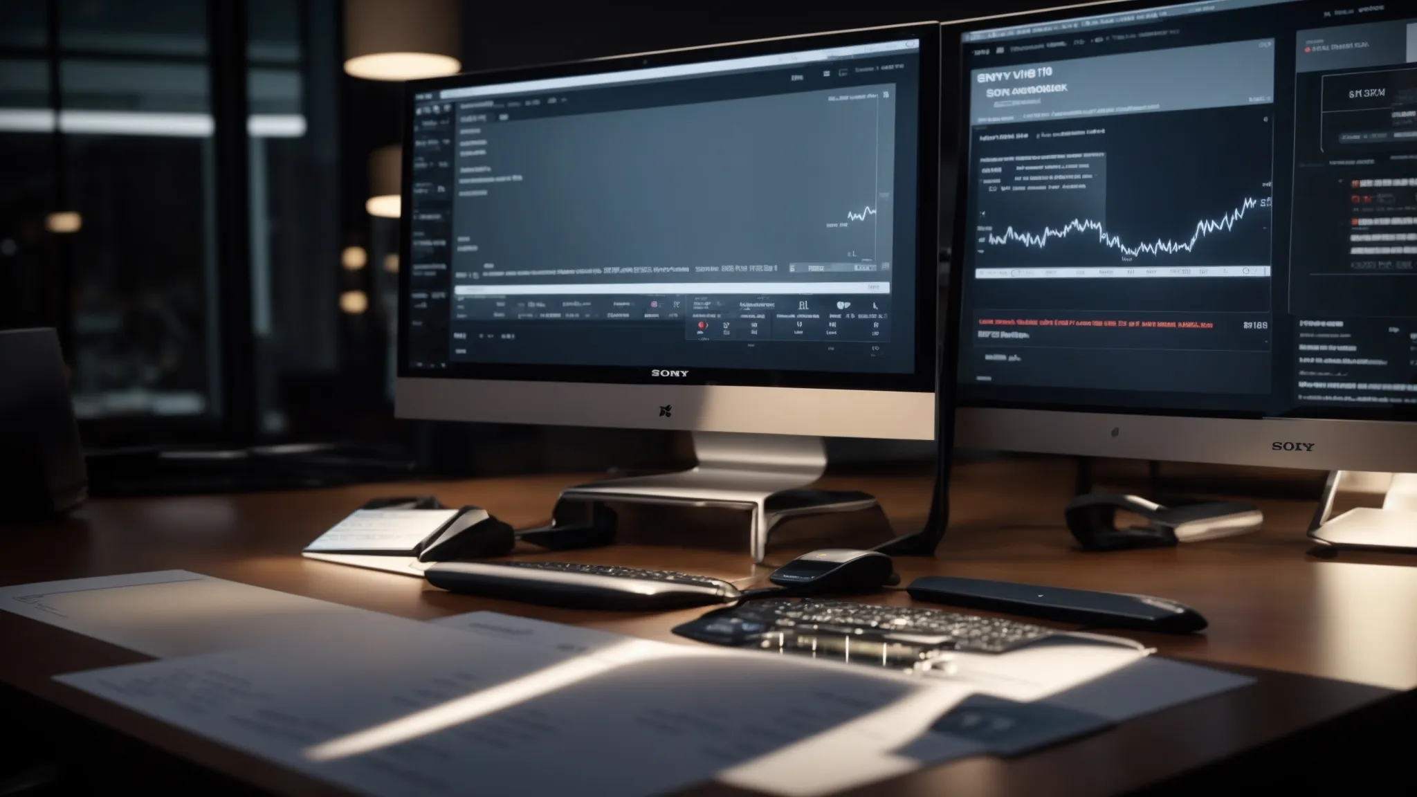 a sleek, modern workspace featuring a high-tech computer screen displaying a seamless cheque processing interface, surrounded by organized financial documents and a smartphone showcasing mobile functionalities, illuminated by soft, diffused lighting for a professional ambiance.