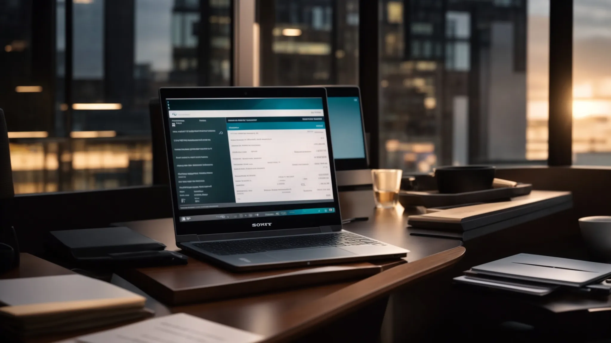 a sleek, modern workspace featuring an open laptop displaying a vibrant dashboard for tracking cheque order status, surrounded by neatly stacked business and personal cheques under warm, inviting lighting.