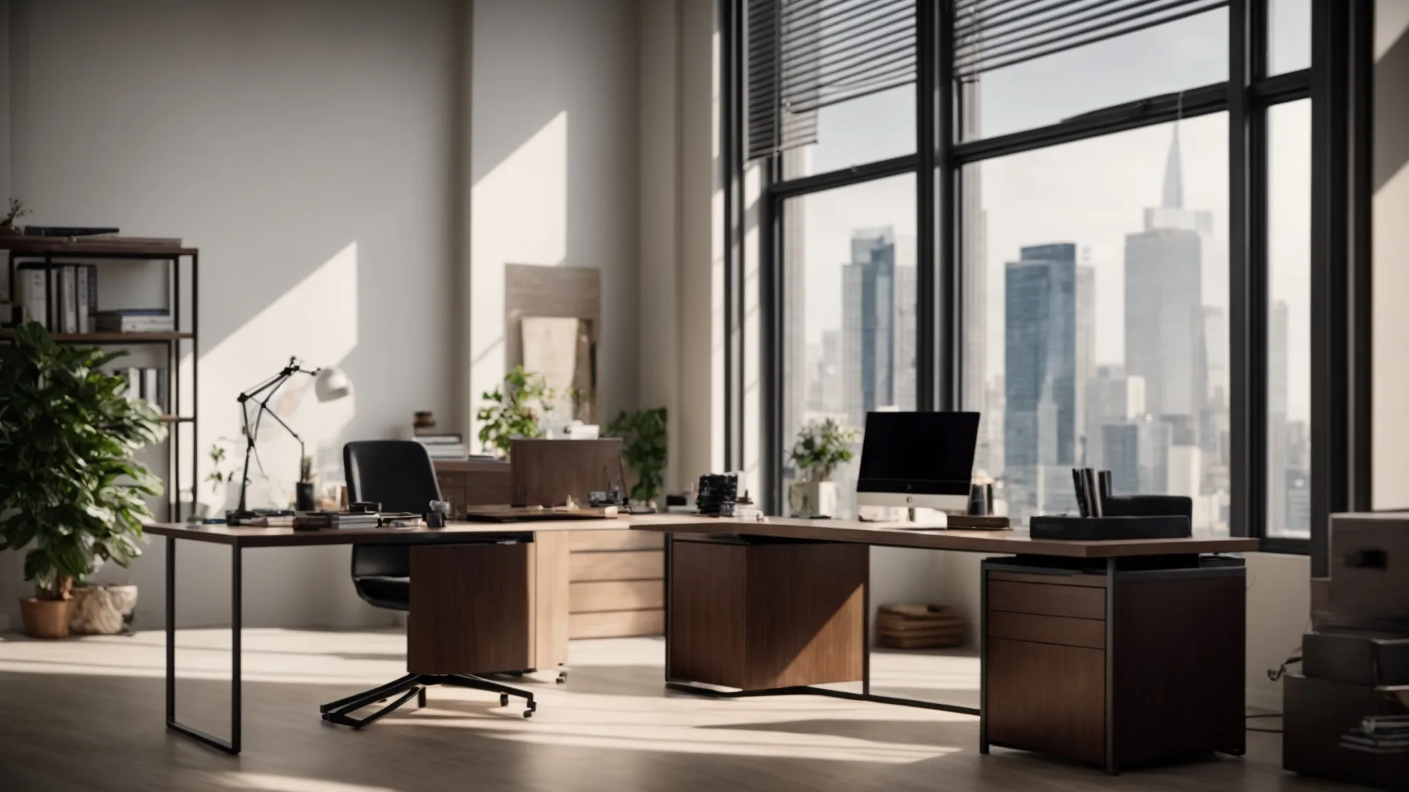 a sleek office workspace showcases a meticulously organized desk featuring neatly stacked business and personal cheques, illuminated by soft, natural light streaming through a large window, symbolizing precision and professionalism in financial management.