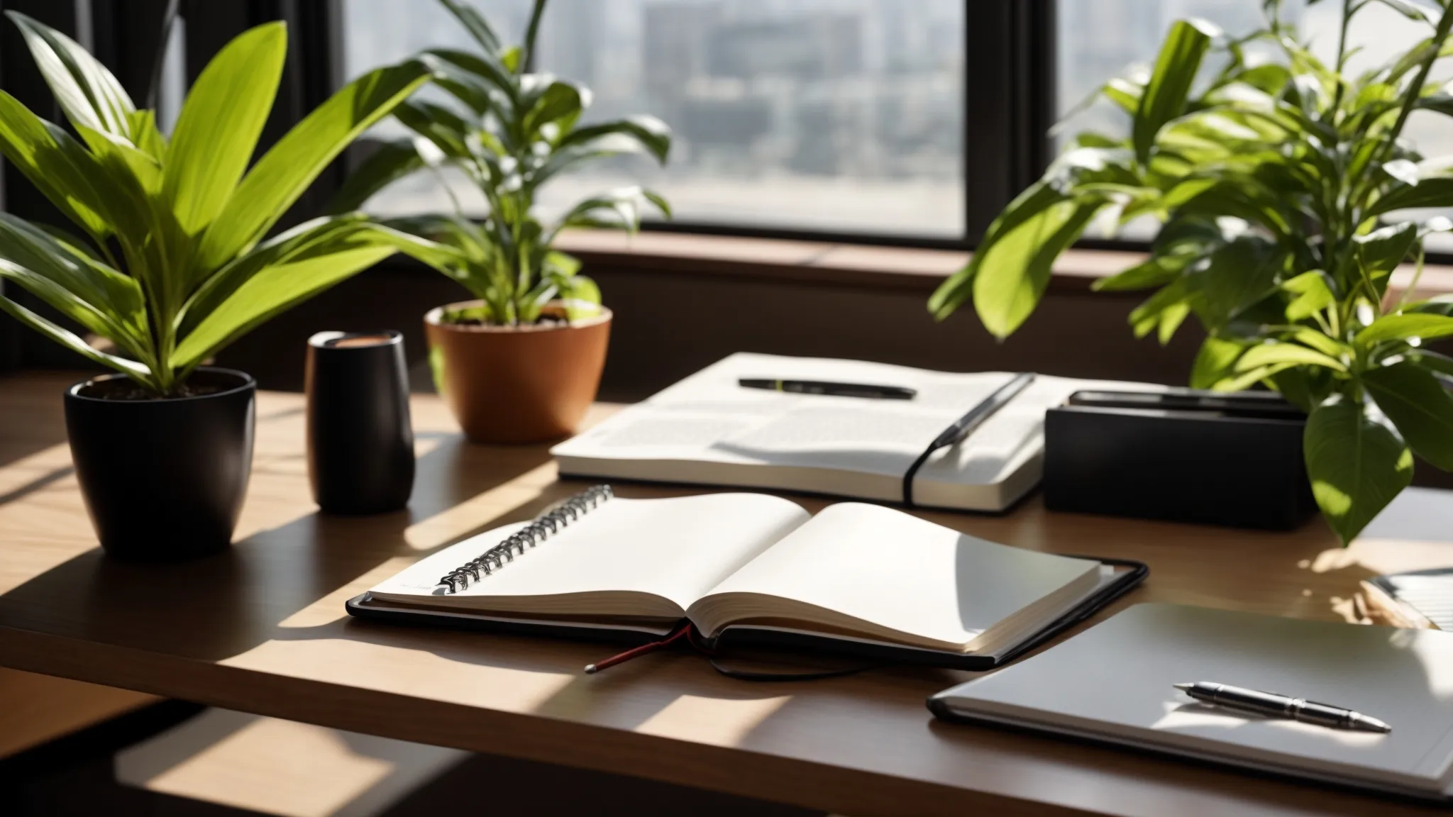 a sleek, organized office desk is bathed in soft natural light, showcasing a meticulously arranged notebook filled with neat tracking entries for cheque orders, alongside a stylish pen and a vibrant plant, symbolizing effective follow-up management and improved cash flow.