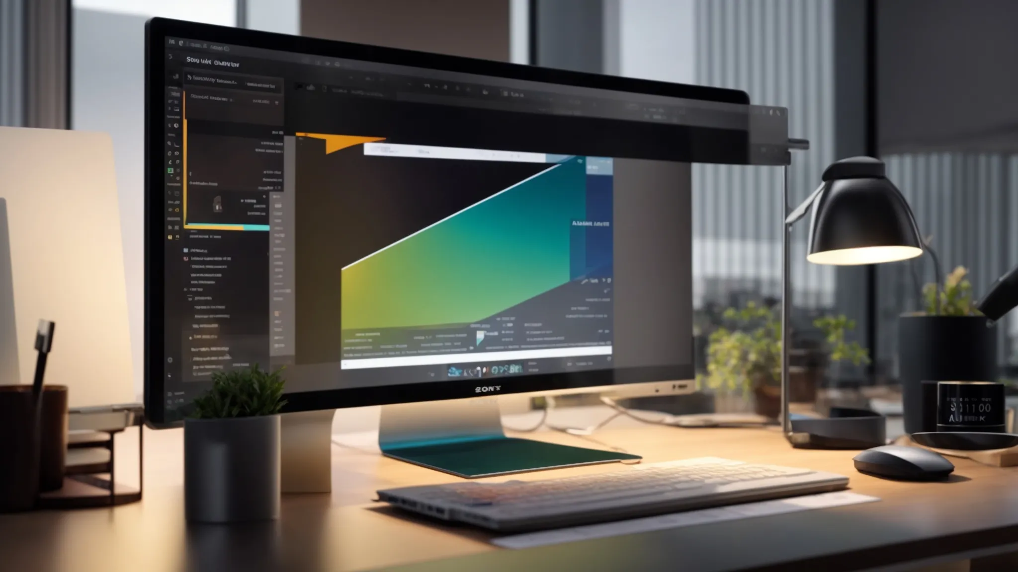 a sleek, organized workspace displays an open laptop featuring a vibrant online interface for ordering personalized cheques, surrounded by stylish cheque samples and stationery, all illuminated by warm, inviting light that emphasizes a sense of professionalism and efficiency.