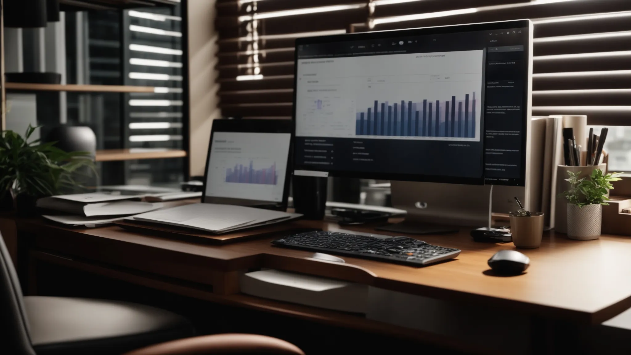 a sleek, organized workspace features a neatly arranged stack of business and personal cheques, with a focused monitor displaying a sophisticated tracking software, illuminated by soft natural light filtering through a nearby window.