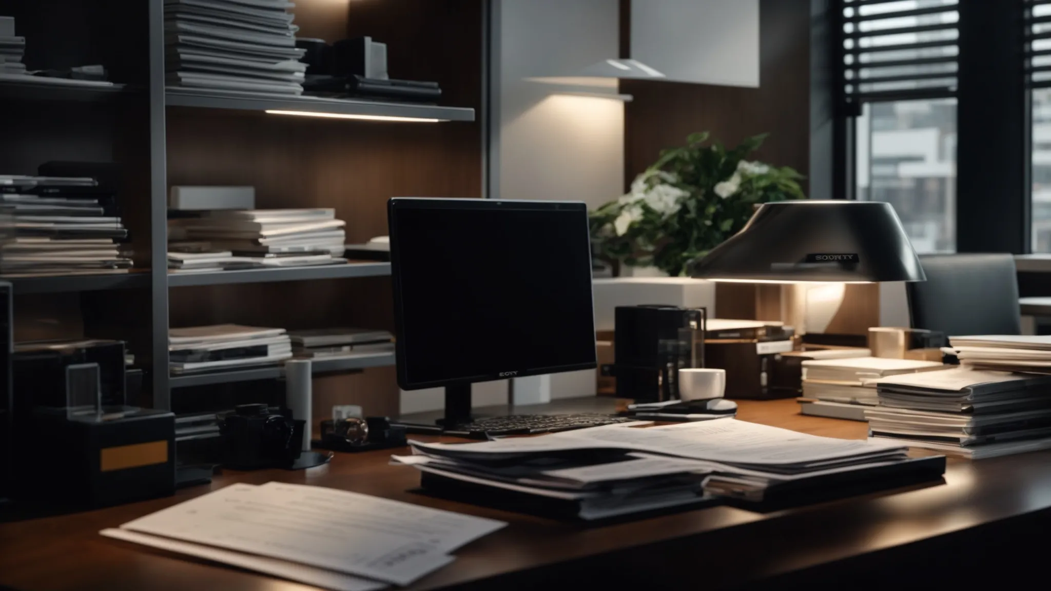 a sleek, professional office desk is adorned with organized stacks of business and personal cheques, accompanied by a modern automated tracking system displaying live payment updates, all bathed in soft, natural light that emphasizes efficiency and clarity in cheque payment management.