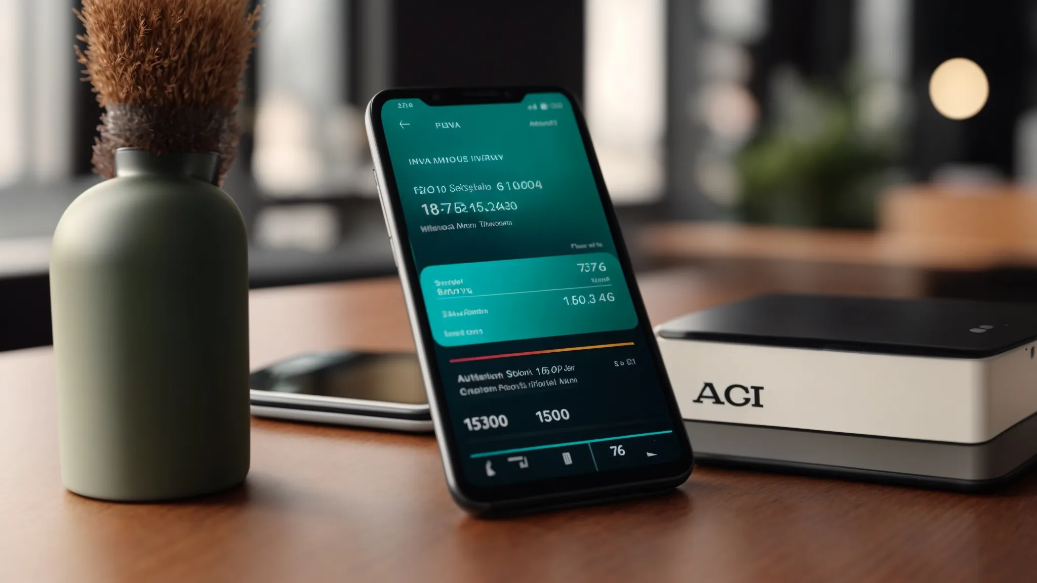 a sleek smartphone displaying a vibrant app interface, showcasing efficient cheque tracking and management features against a minimalist office background.
