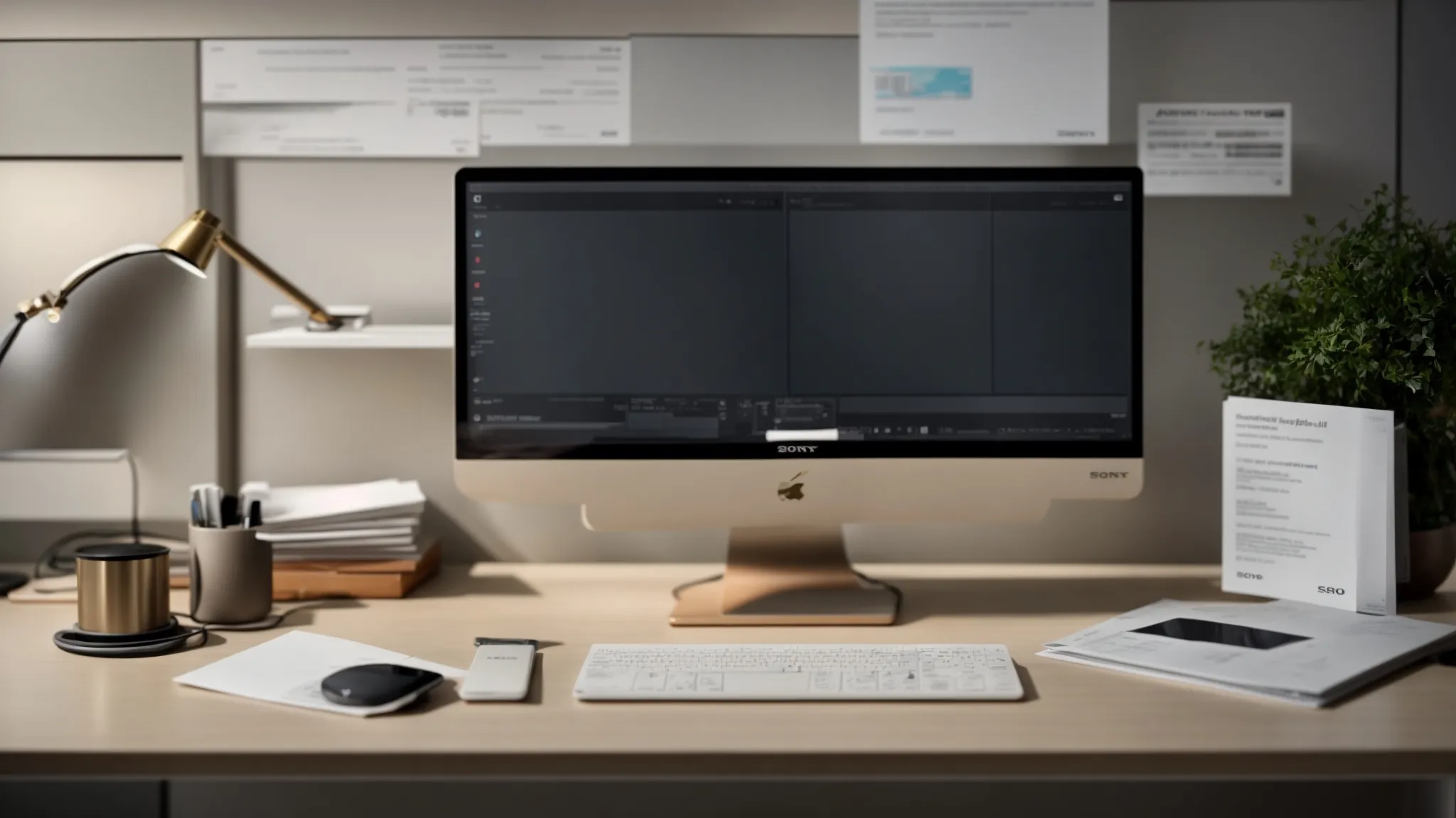 a sophisticated office workspace features an organized desk with neatly stacked business and personal cheques, a computer displaying a clear communication interface, and a wall clock casting soft natural light, symbolizing efficient cash management and professional follow-up practices.