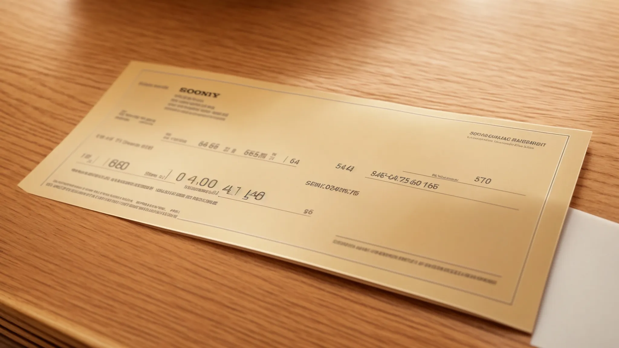 a striking close-up of a pristine business cheque resting on a polished wooden desk, illuminated by soft, warm light, symbolizing the reliability and assurance of tracking financial orders.