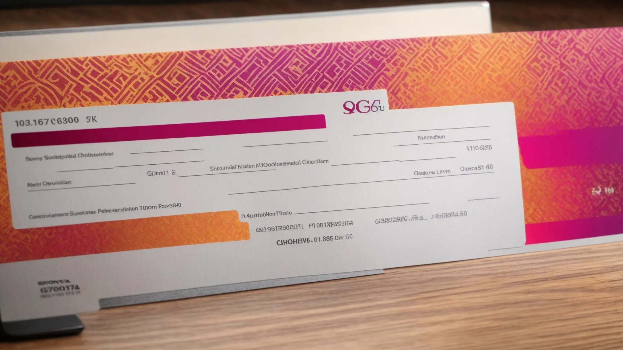 a stunning close-up of a beautifully designed custom personal cheque, showcasing vibrant colors and intricate patterns, resting on a sleek wooden desk with a laptop open to an online ordering platform, illuminated by soft, natural light.