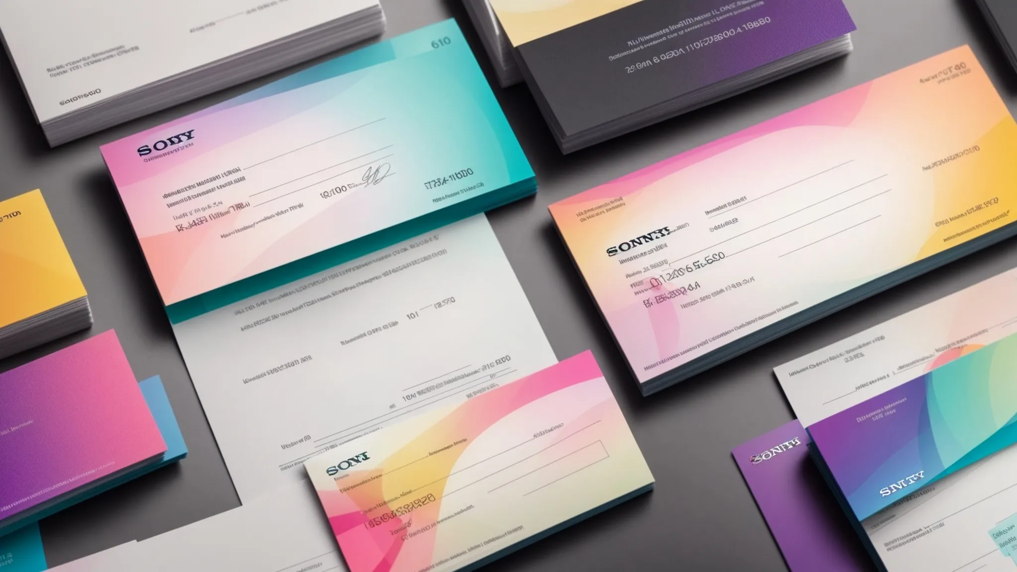 a stylishly arranged flat lay of custom personal cheques featuring vibrant, unique designs, showcasing their role in personal branding and professionalism against a sleek, modern workspace backdrop.