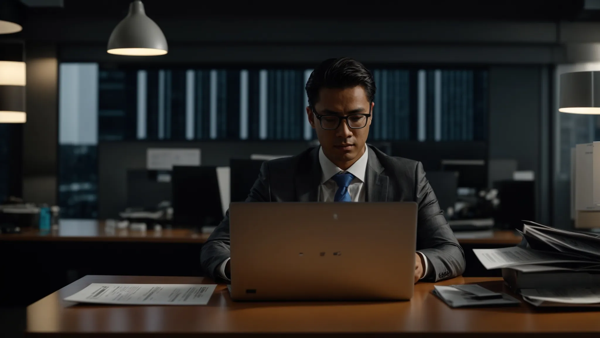 a tense yet focused business professional, surrounded by scattered, open personal cheques and a laptop displaying a banking website, urgently addresses a phone call in a dimly lit office, emphasizing the gravity of swift action against cheque theft.