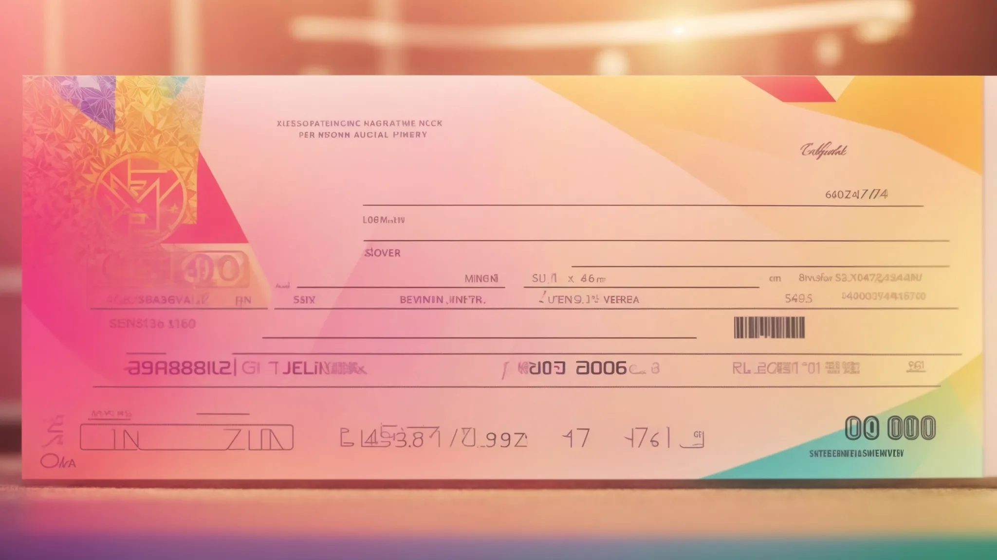 a vibrant and creatively designed personal cheque showcases a dynamic 