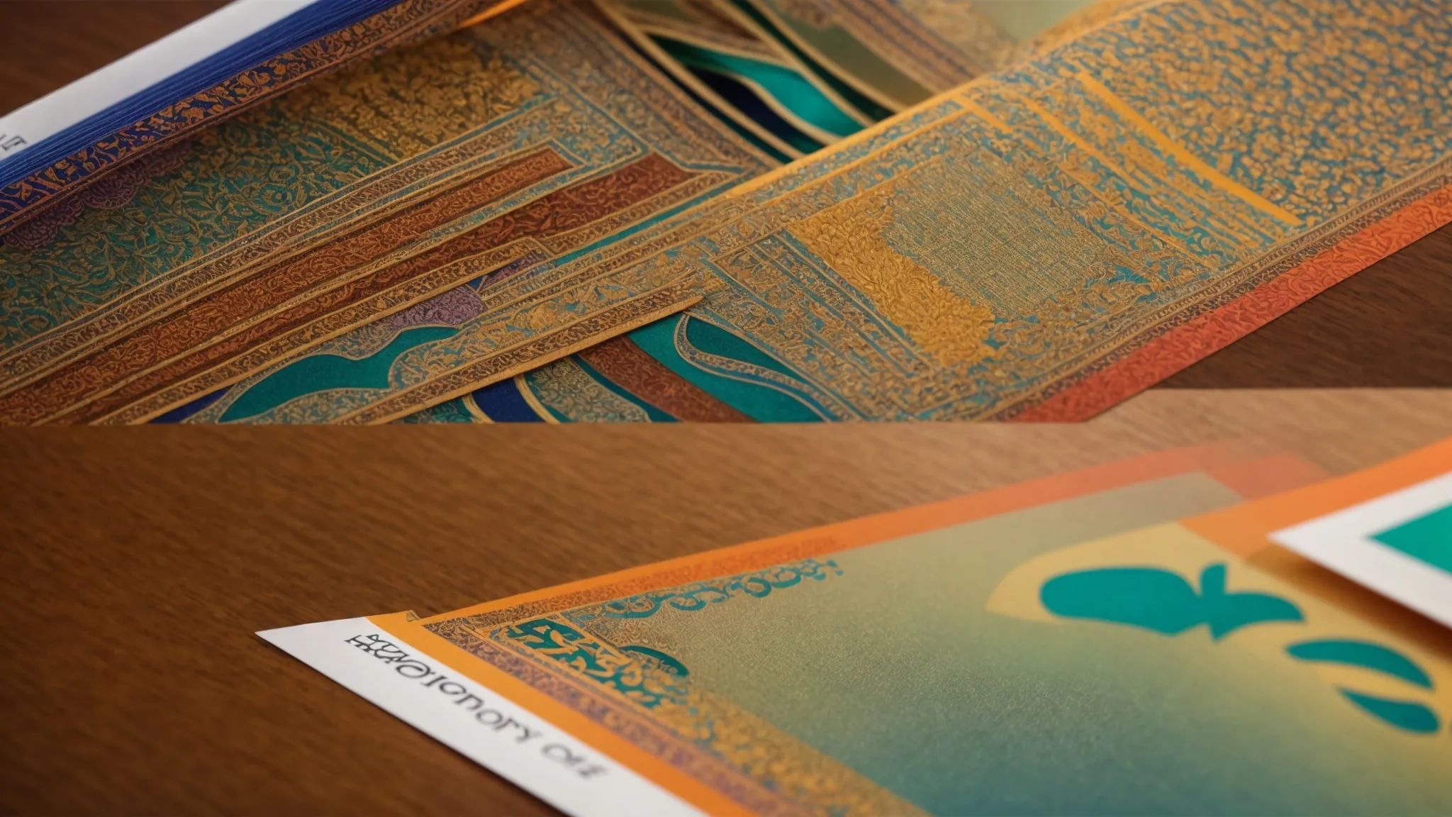 a vibrant array of uniquely designed personal cheques, featuring intricate patterns and colors, arranged artistically on a polished wooden desk illuminated by soft, natural light, showcasing creativity and individuality in financial expression.