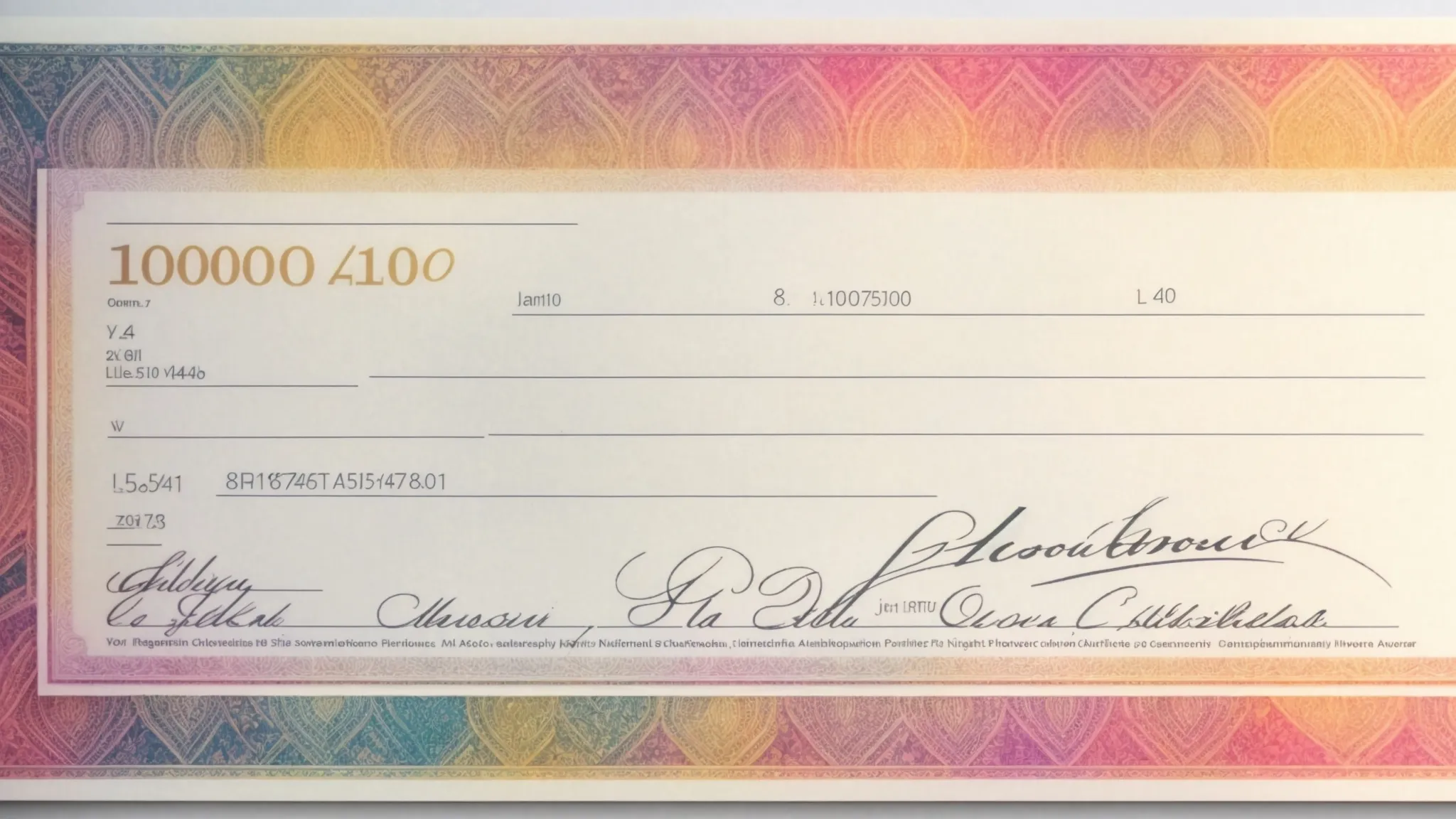 a vibrant close-up of a beautifully designed personal cheque, showcasing intricate patterns and colors, with softly diffused natural light illuminating the surface, highlighting the unique customization options available for ordering.
