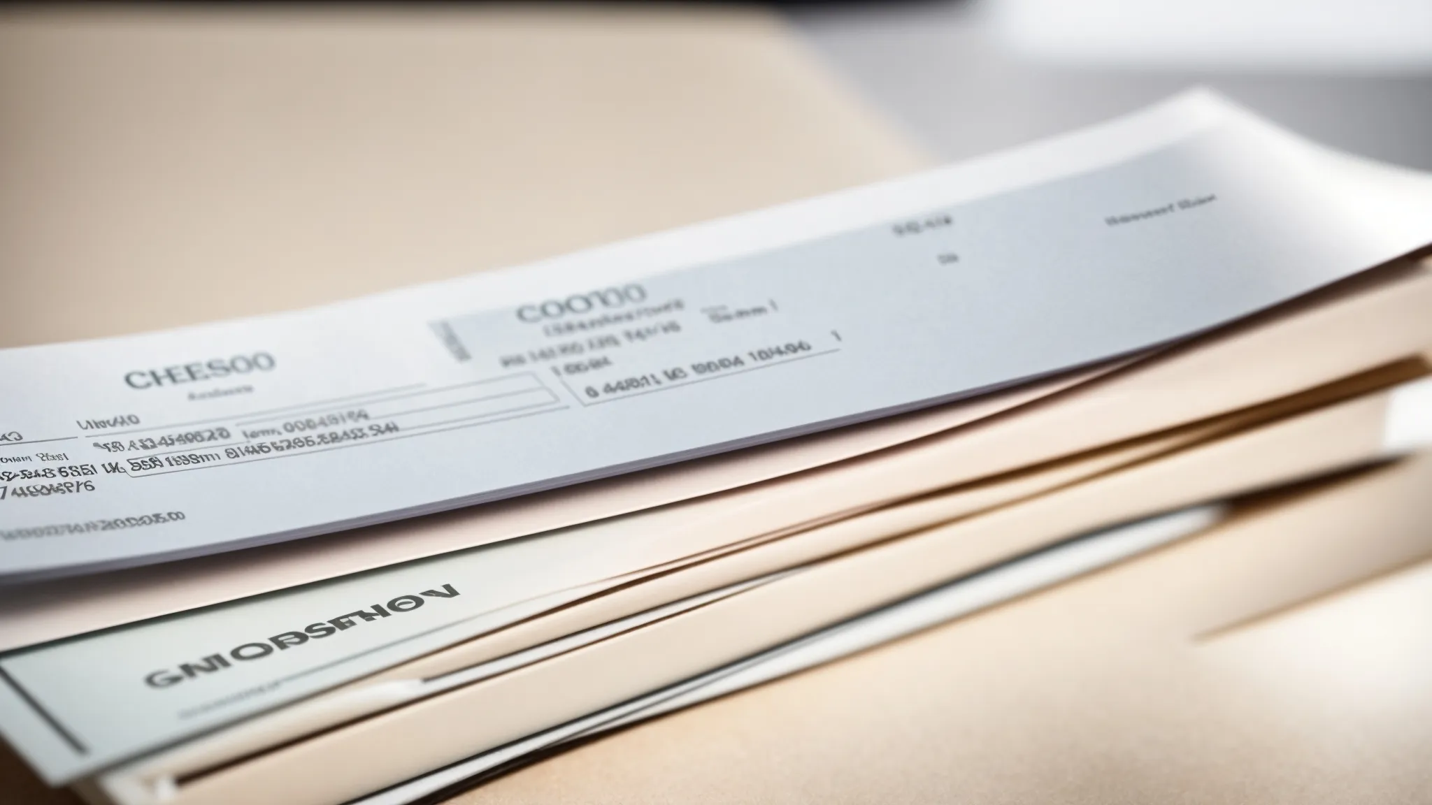 a vibrant close-up of a stack of meticulously organized business and personal cheques, bathed in soft, natural light, against a sleek, modern desk, emphasizing reliability and professionalism in cheque tracking services.