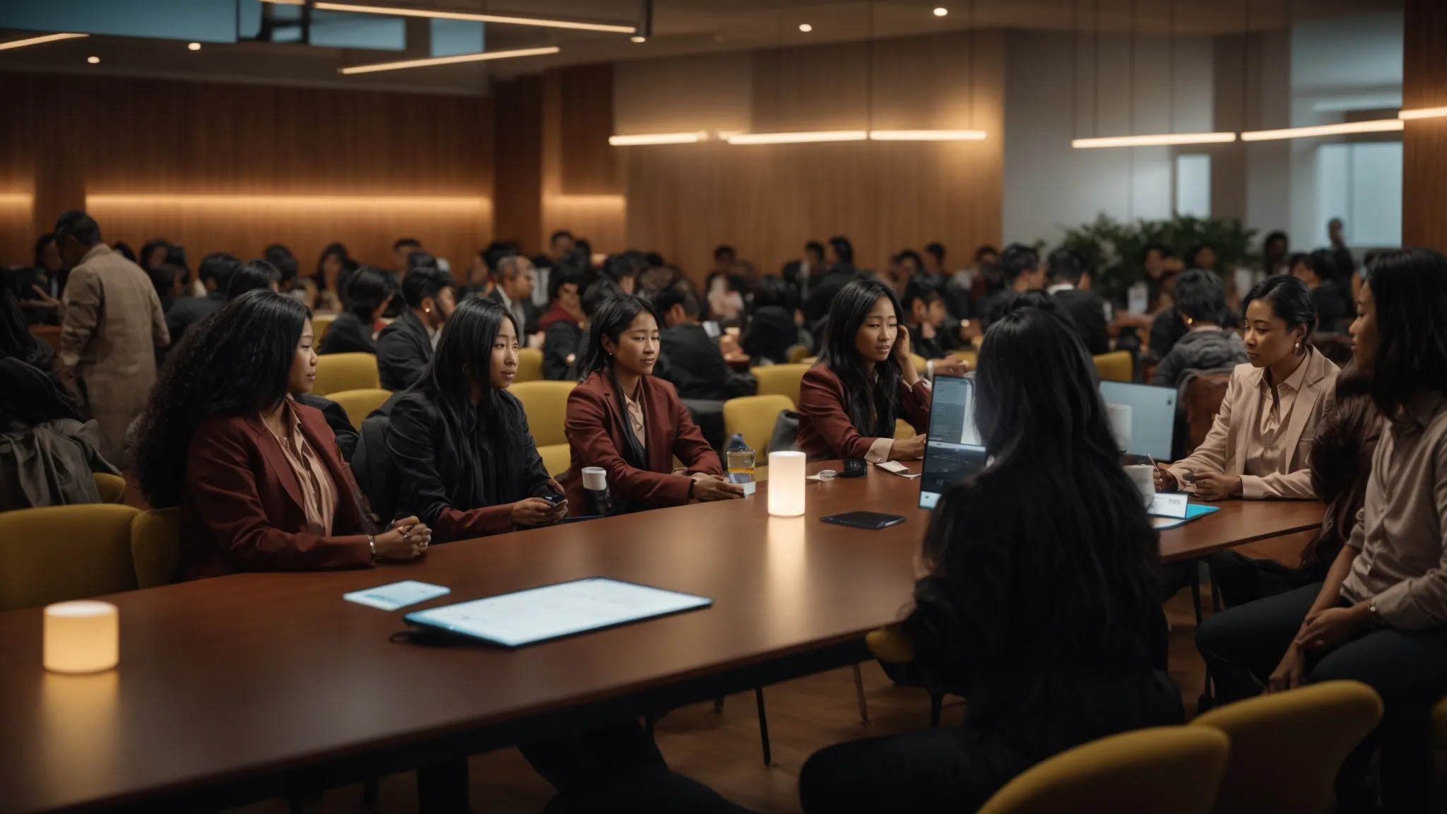 a vibrant community forum setting, illuminated by warm light, features diverse individuals exchanging insightful tips about various cheque types on sleek digital devices, embodying the spirit of shared experiences in financial management.