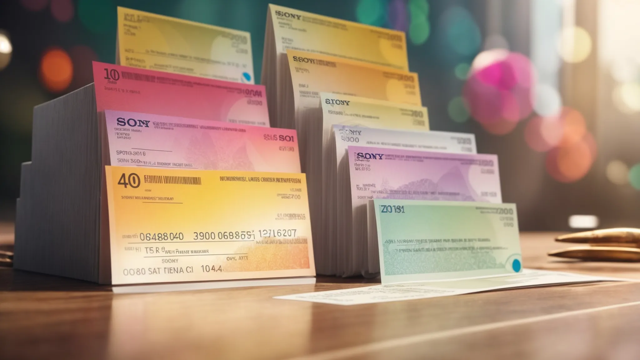 a vibrant display of elegantly designed personal cheques, showcasing a variety of colors, patterns, and playful illustrations, emphasizing the theme of individuality and creativity in financial personalization.