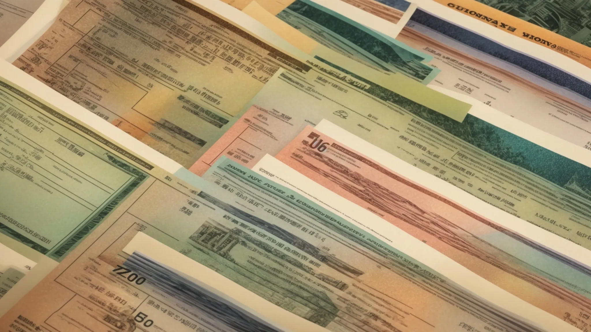 a vibrant display of various styles of cheques, showcasing business and personal designs in an organized manner, illuminated by soft, natural light to highlight the intricate details and textures of the paper.
