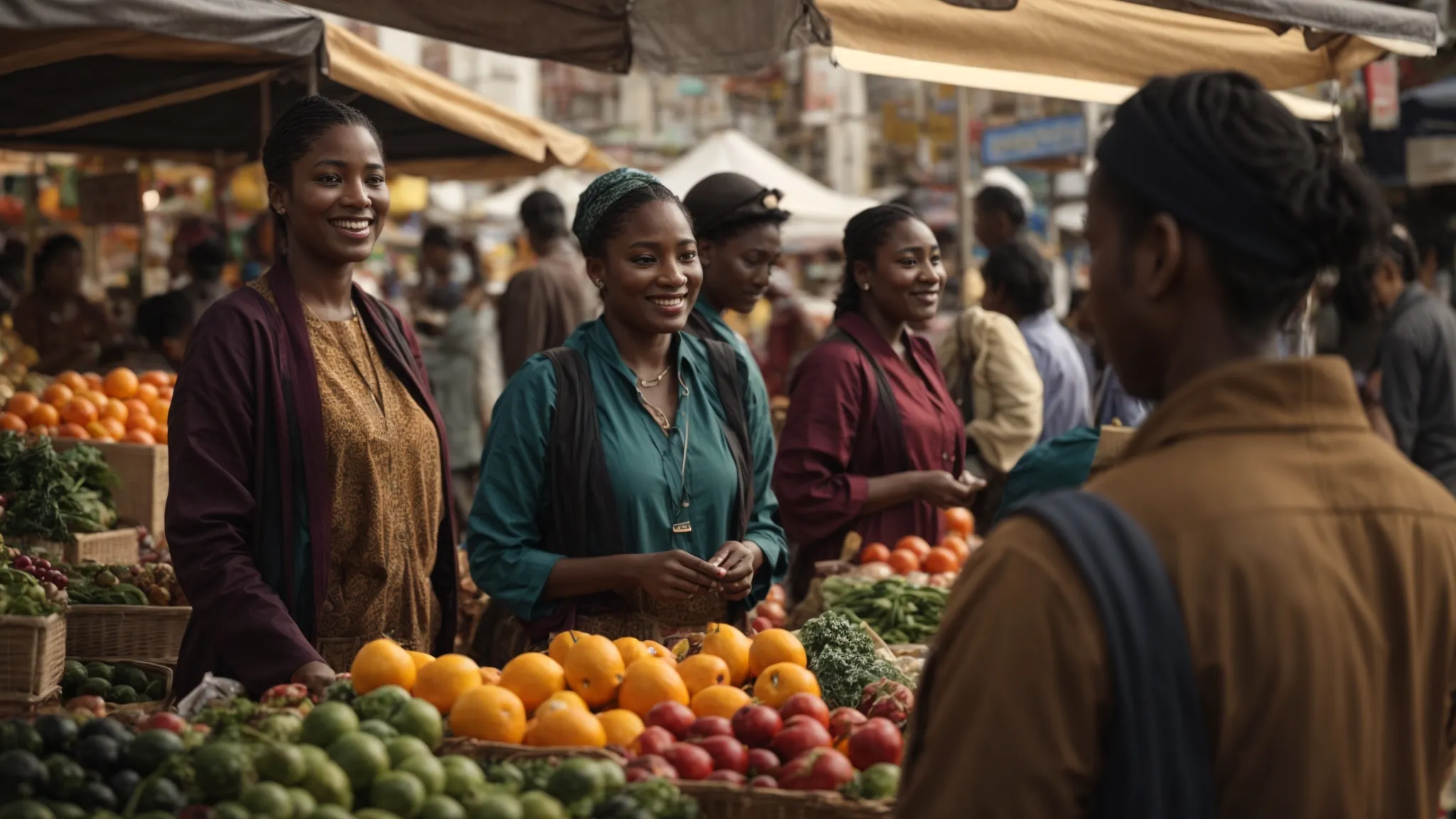 a vibrant local market scene showcases a friendly cheque supplier interacting with a diverse group of business owners, emphasizing community connections and the importance of supporting local services.