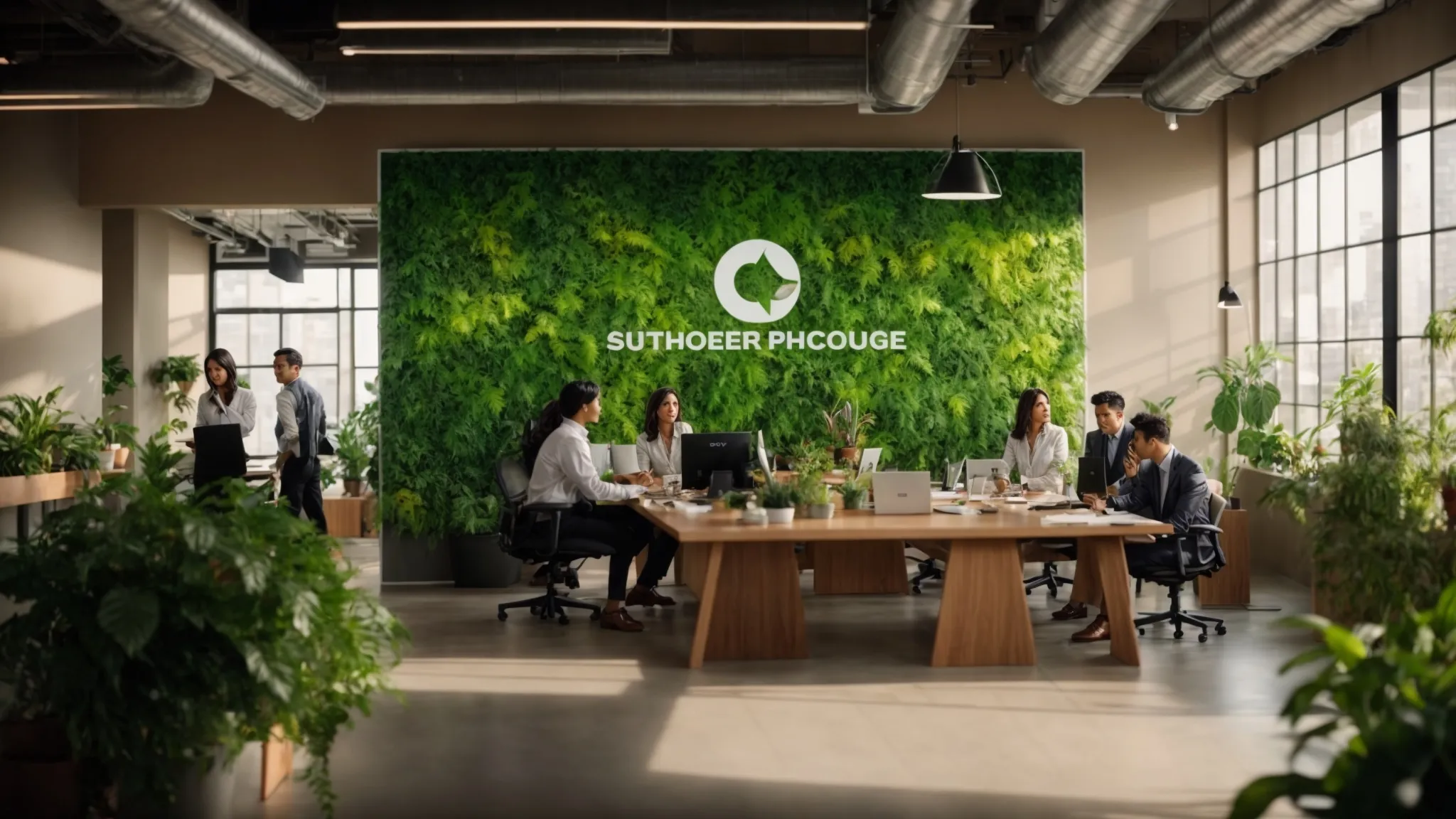 a vibrant office scene showcasing a team engaged in a collaborative discussion around a large, green-themed poster highlighting eco-friendly cheque practices, with plants and natural light enhancing the atmosphere of sustainability and teamwork.