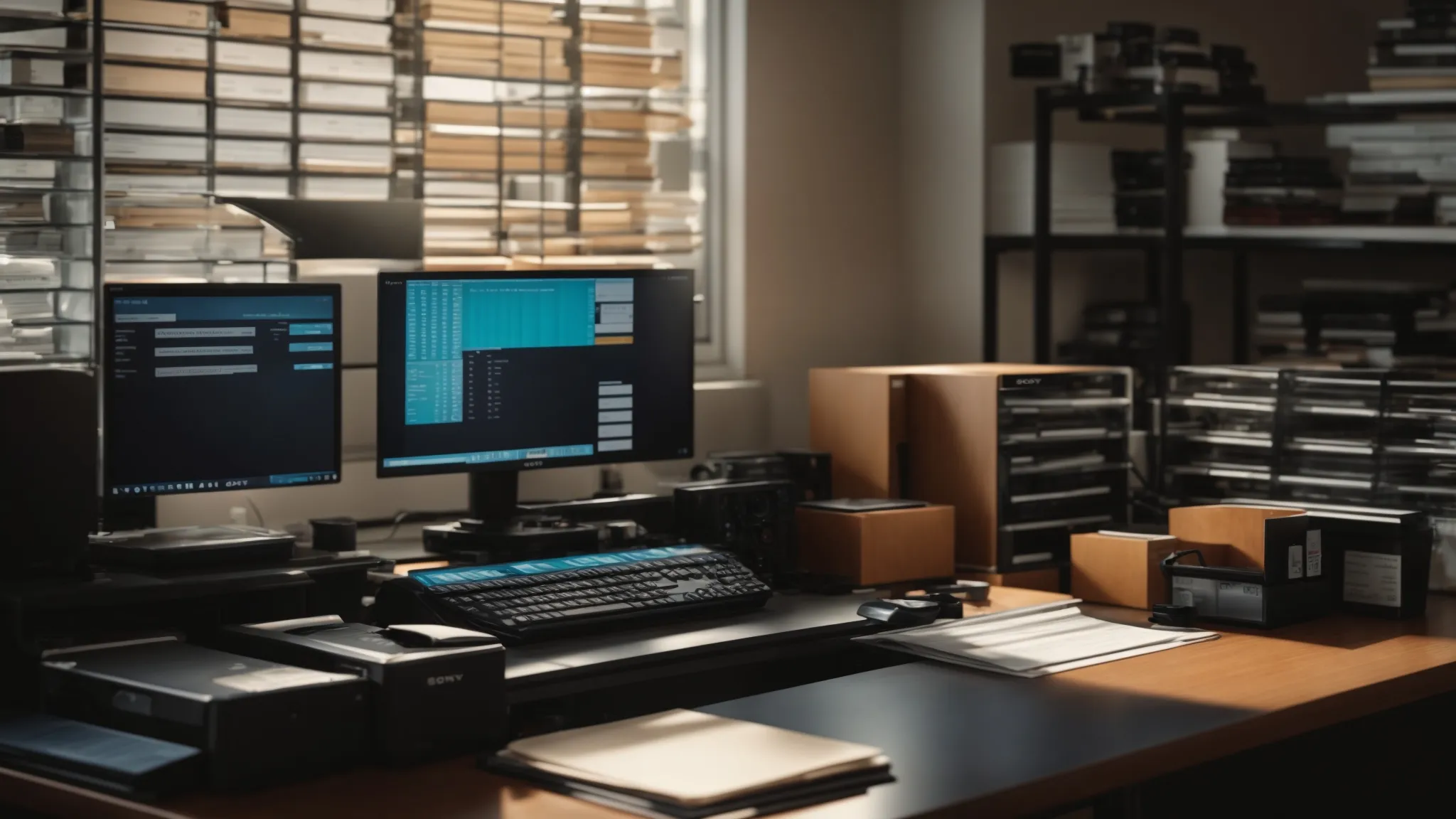 a vibrant, organized workspace showcases an efficient cheque printing setup, with neatly stacked business and personal cheques under soft, diffused lighting, emphasizing the theme of financial security and meticulous record-keeping.