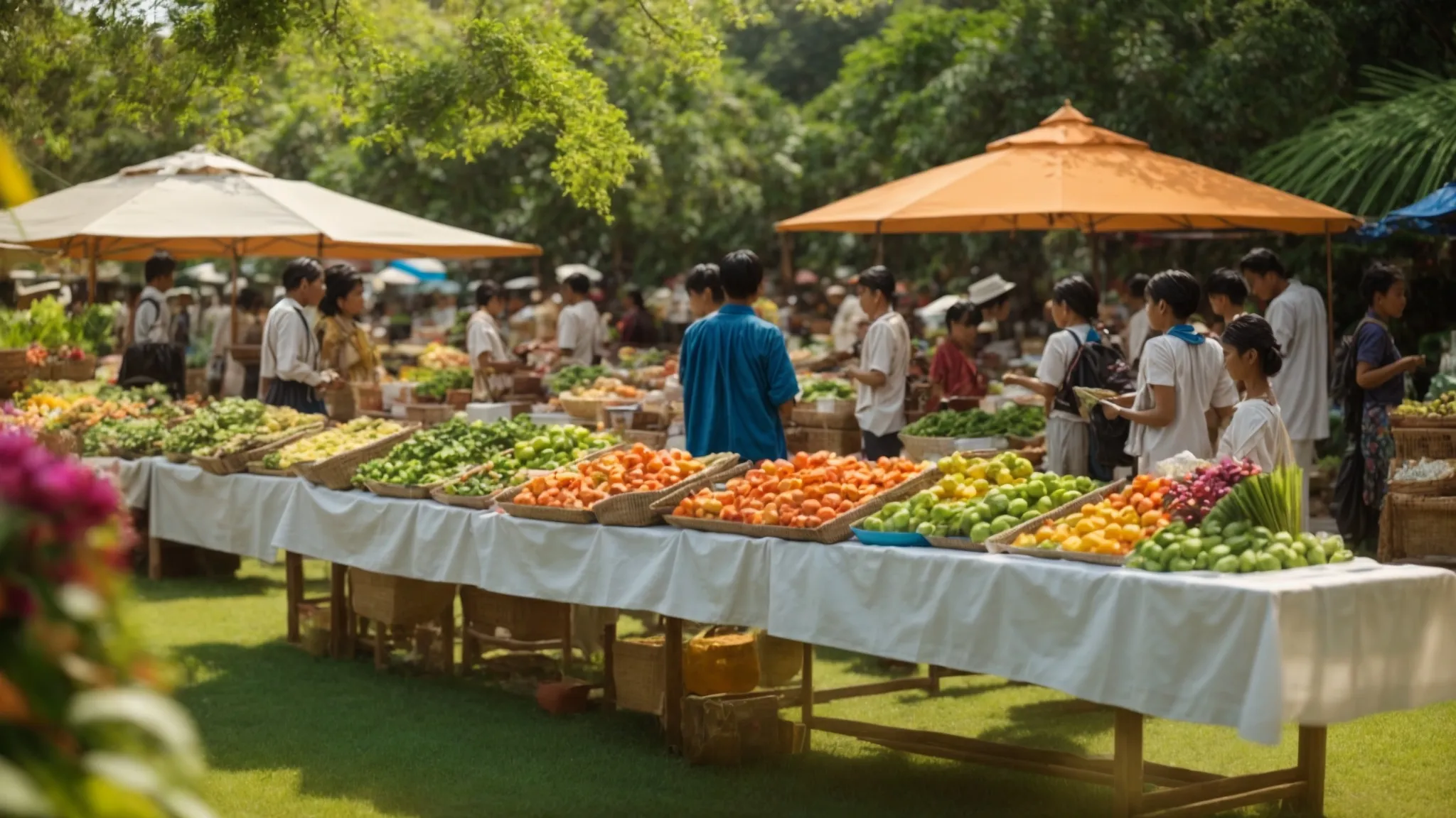 a vibrant scene showcases eco-friendly vendors displaying an array of sustainable order cheques, set against a backdrop of lush greenery and clear blue skies, symbolizing the harmony between business and environmental responsibility.