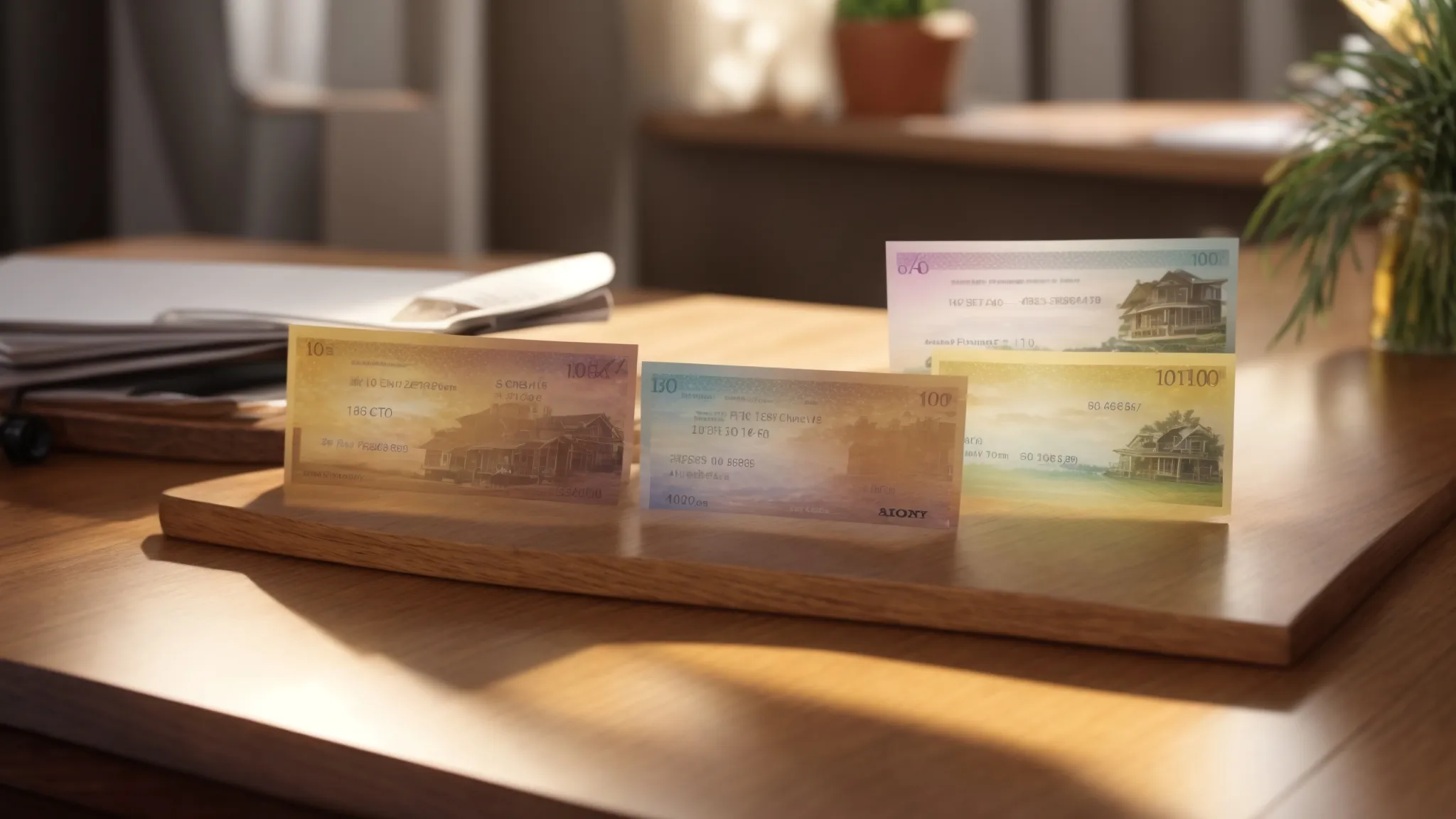a vibrant scene showcasing a collection of personalized cheques featuring unique themes inspired by special occasions, hobbies, and seasonal motifs, arranged artfully on a polished wooden desk under soft, natural lighting.