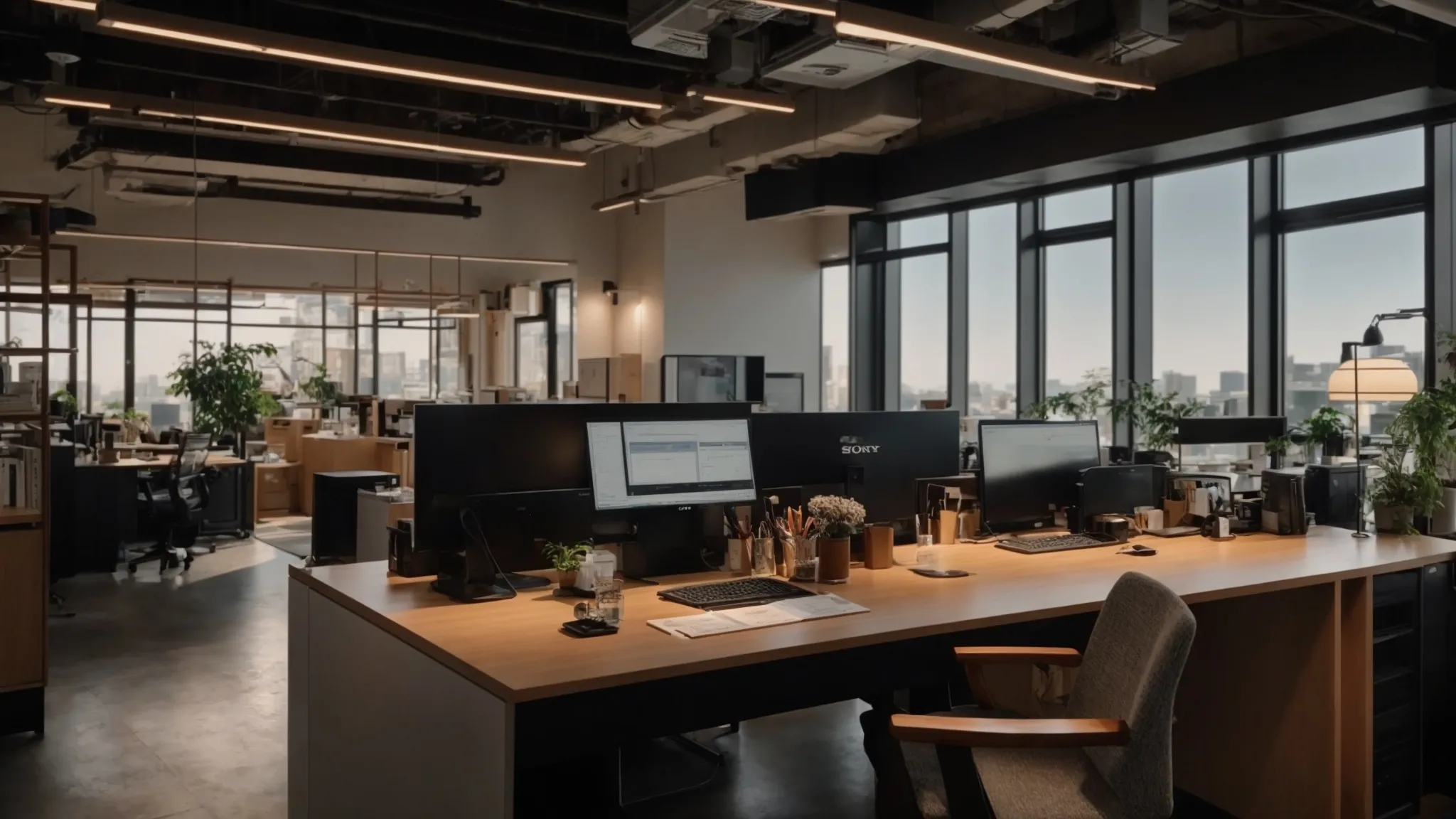 a vibrant, well-organized office workspace showcases an array of stylish business and personal cheques, reflecting professionalism and tailored solutions for local commerce under warm, inviting lighting.