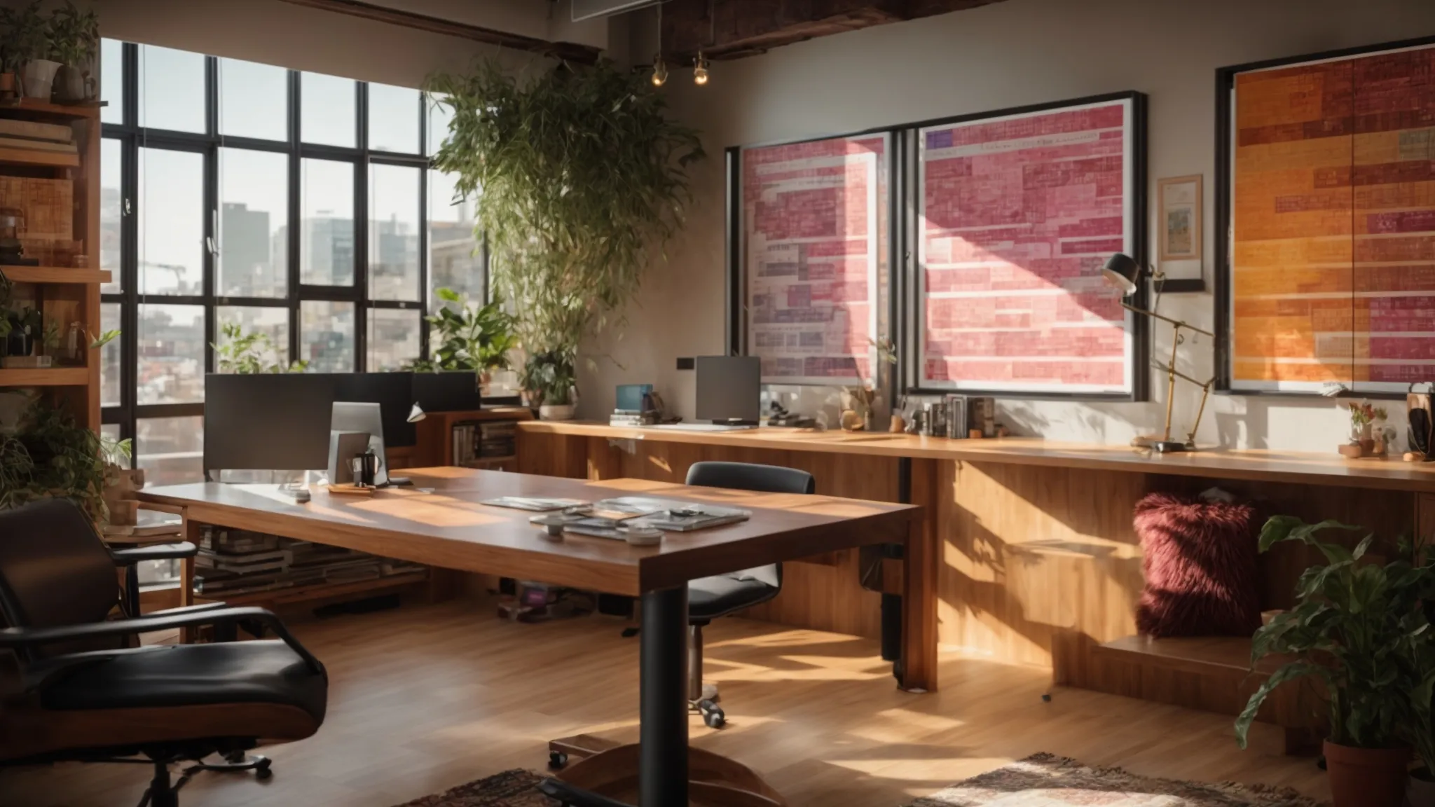 a vibrant workspace showcases an intricate assortment of custom cheque designs, featuring artistic patterns and colors, illuminated by soft, natural light streaming through a nearby window, emphasizing creativity and personal flair in financial artistry.