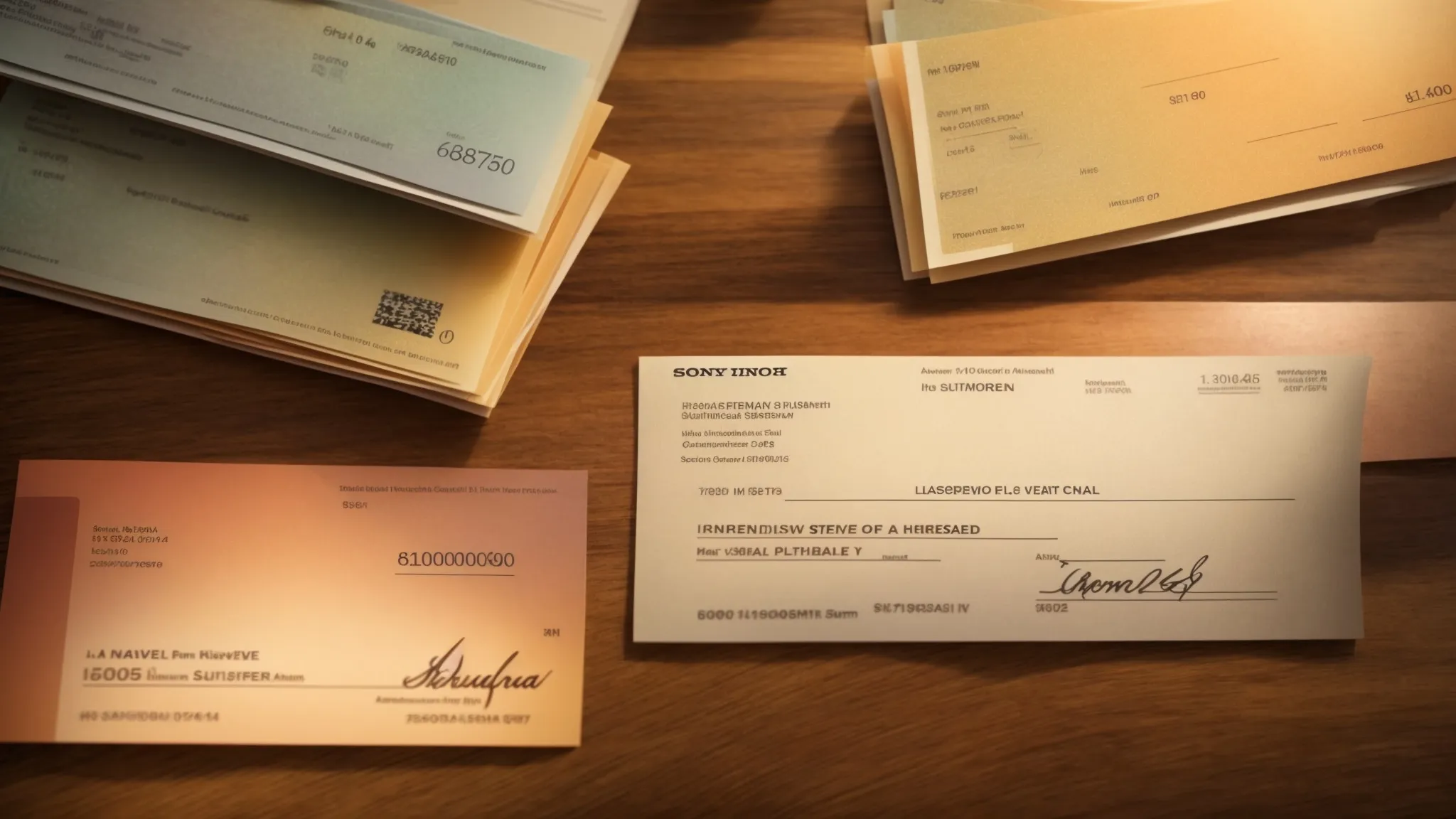 a visually compelling display of various types of cheques, including personal, certified, cashier's, and traveler's cheques, artistically arranged on a polished wooden table bathed in soft, warm lighting to convey the theme of financial security and diverse payment options.
