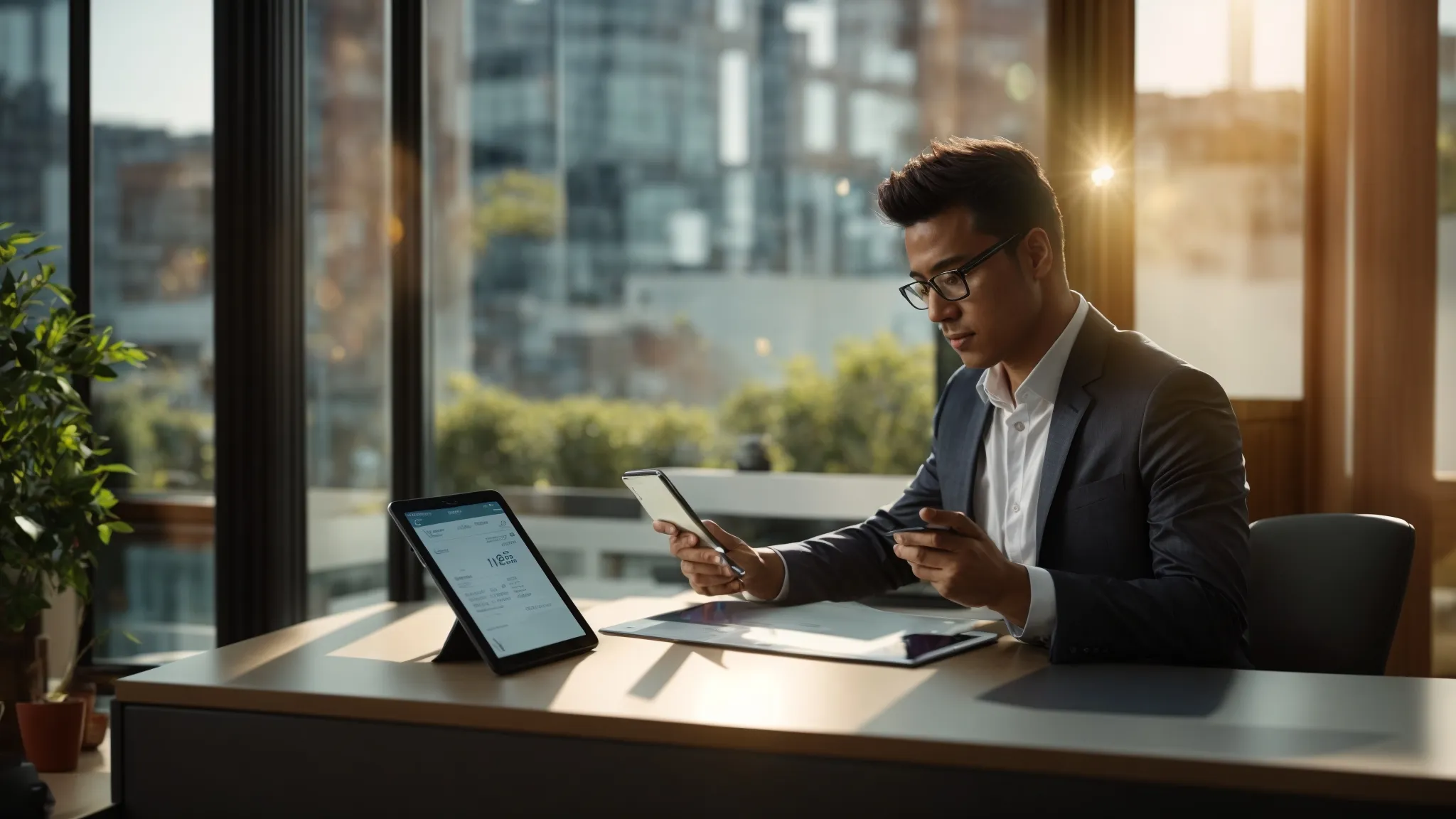a visually dynamic office scene showcases a focused small business owner engaging with a sleek digital app on a tablet, surrounded by vibrant charts and cheque samples, all illuminated by natural light streaming through a modern window, symbolizing efficient cheque tracking and management.