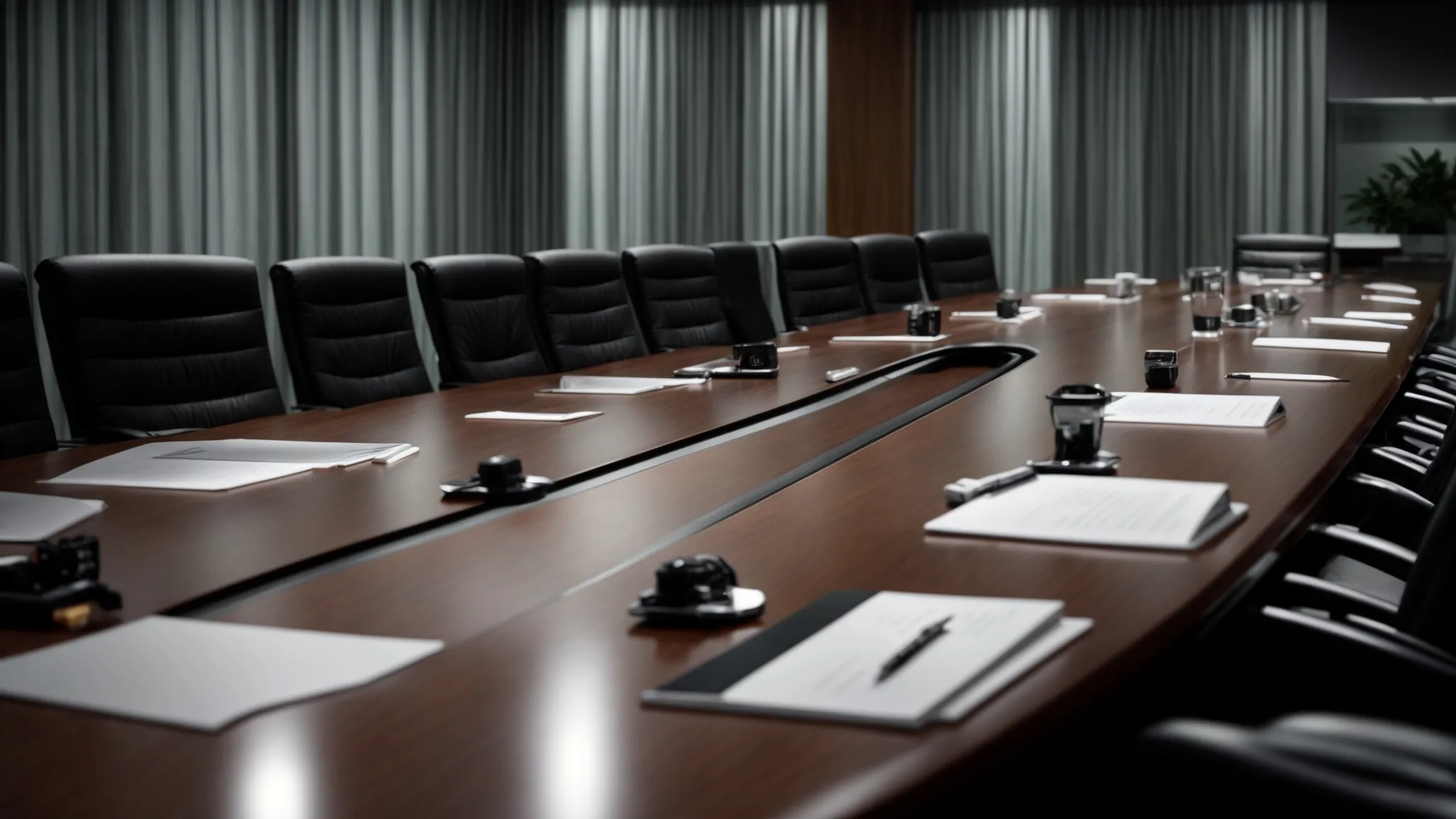 a visually impactful scene of a business boardroom, featuring a sleek conference table set with open notebooks and pens, illuminated by soft overhead lighting, symbolizing strategic discussions on minimum order quantities and cheque management.