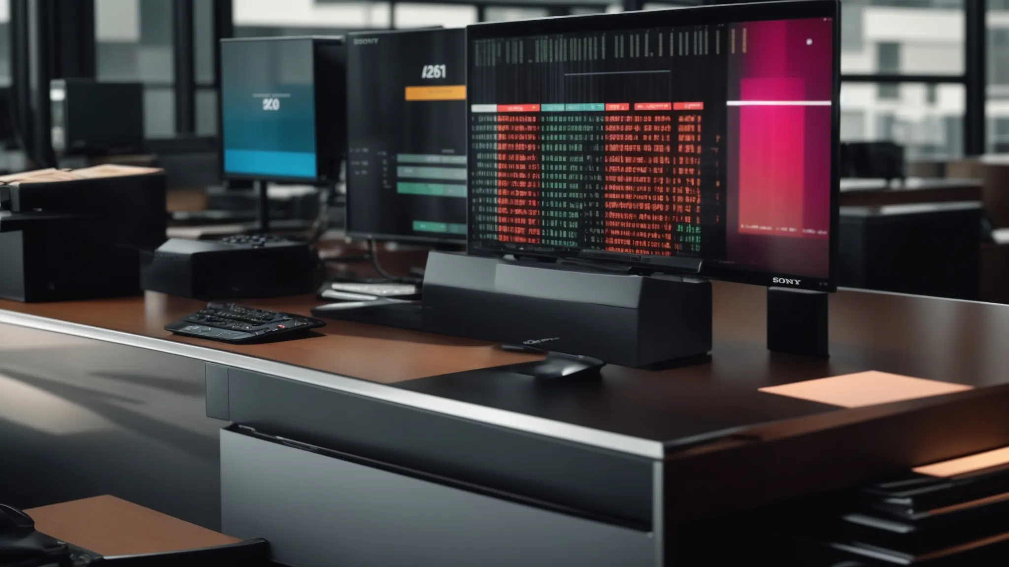 a visually striking and organized office scene captures a sleek desk adorned with a stack of vibrant bulk cheques accompanied by an automated payment system, symbolizing the streamlined efficiency and productivity of modern administrative processes.