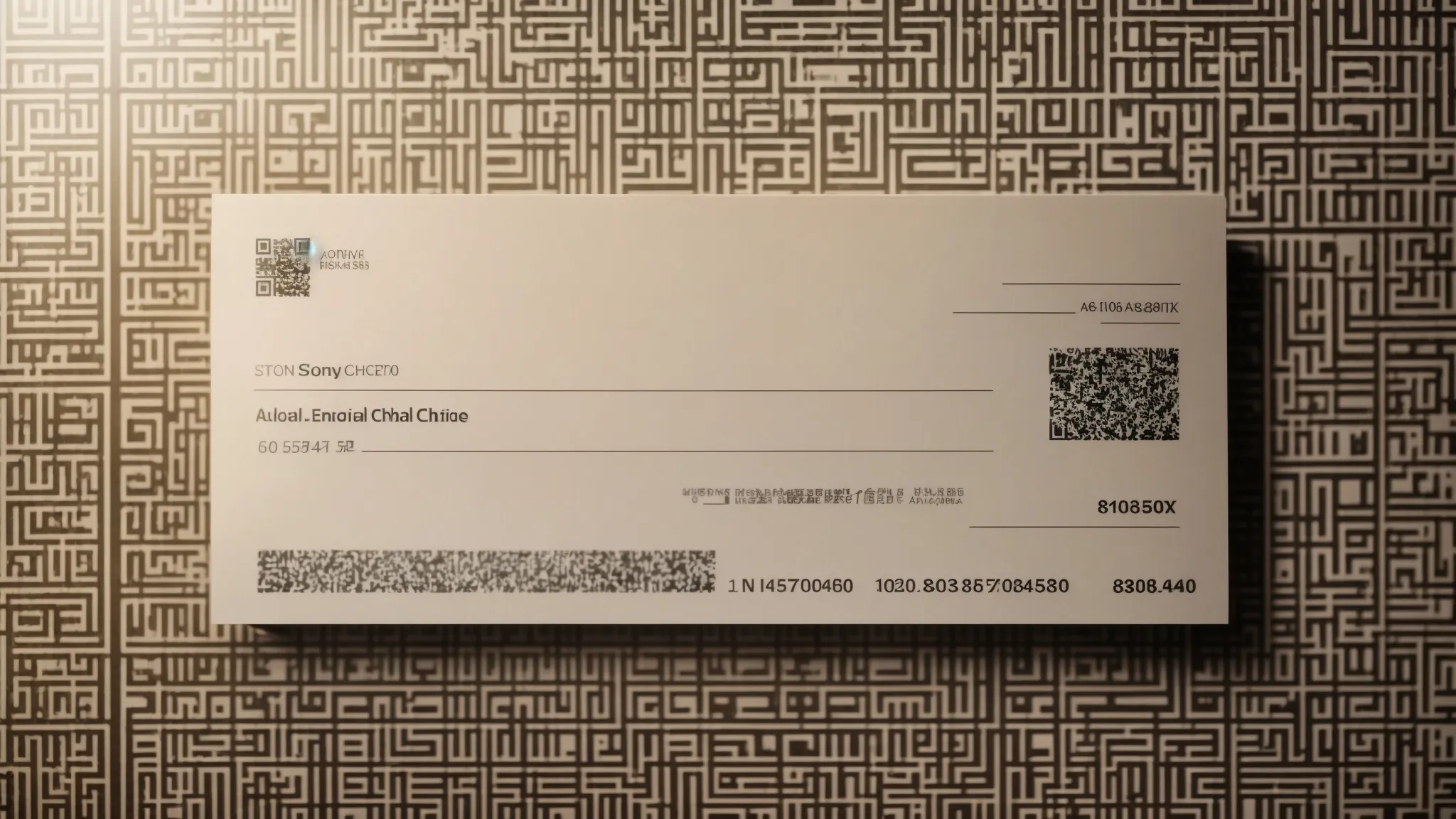 a visually striking arrangement of elegantly designed personal cheques featuring luxurious textures, monograms, and embedded qr codes, illuminated softly against a minimalist backdrop.