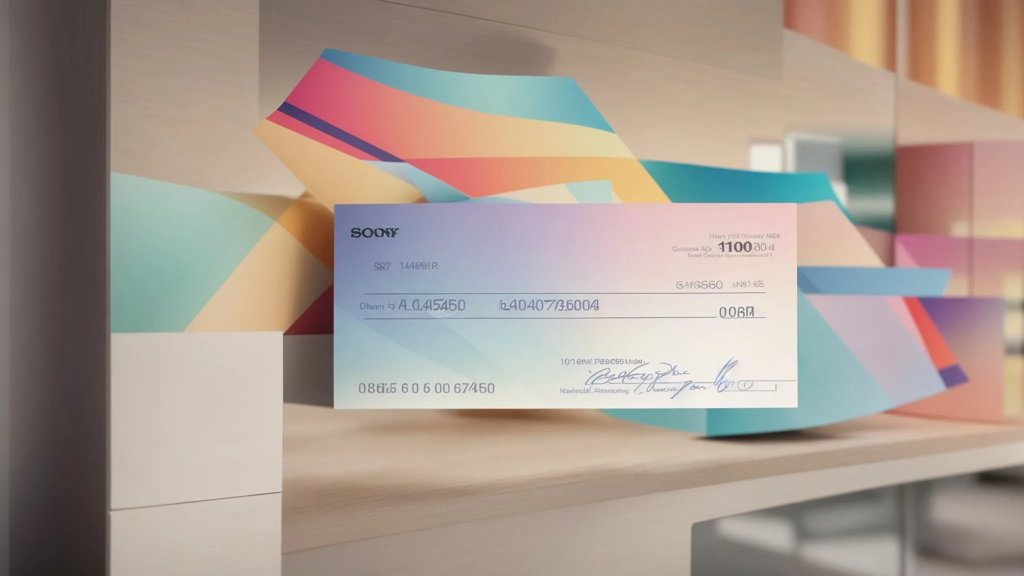 a visually striking arrangement of elegantly designed custom personal cheques, showcasing a variety of vibrant patterns and colors against a soft, blurred office background, symbolizing a blend of professionalism and personal expression.