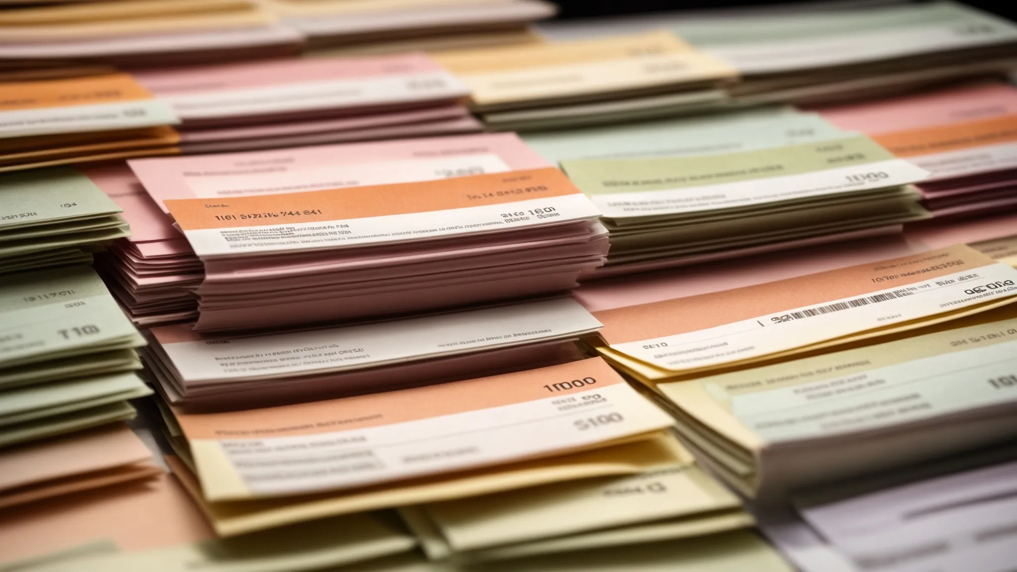a visually striking close-up of a neatly stacked array of high-quality bulk business cheques, illuminated by soft, warm lighting to highlight the pristine paper texture and vibrant colors, conveys the reliability and professionalism of bulk cheque orders in a modern office setting.