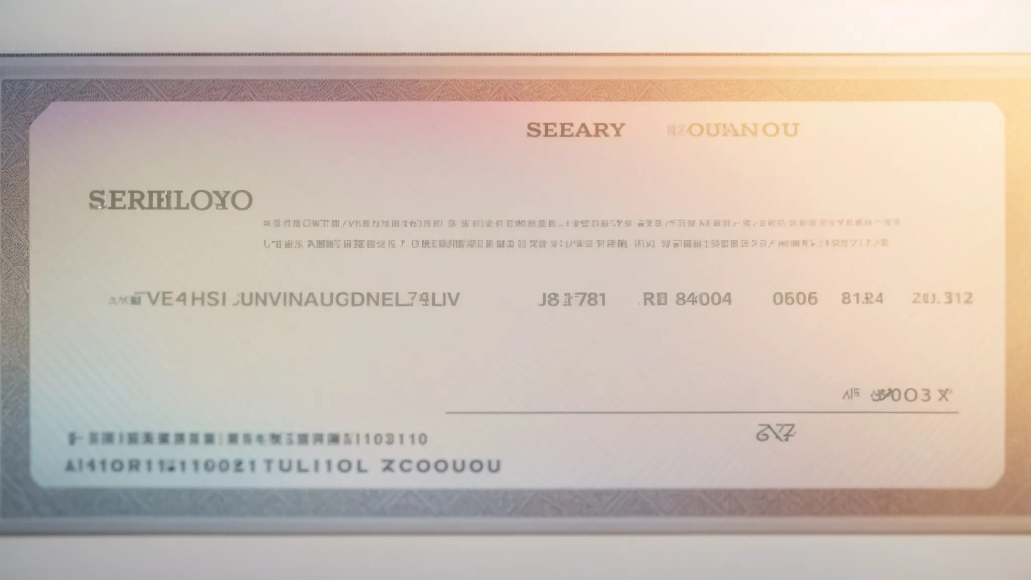 a visually striking close-up of a pristine cheque featuring intricate security features like watermarks and microprinting, illuminated by soft, diffused lighting to emphasize its detail and integrity, set against a blurred background of a professional office setting.