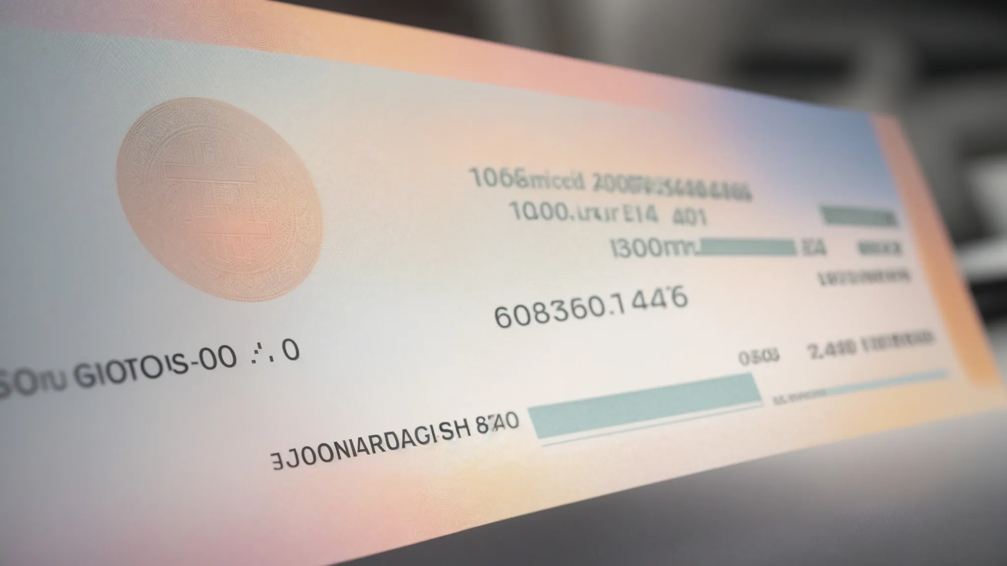 a visually striking close-up of a secure, high-quality cheque printed with advanced security features, illuminated by soft, natural light to highlight the intricate watermarks and microprinting, set against a blurred background of a modern financial office environment.