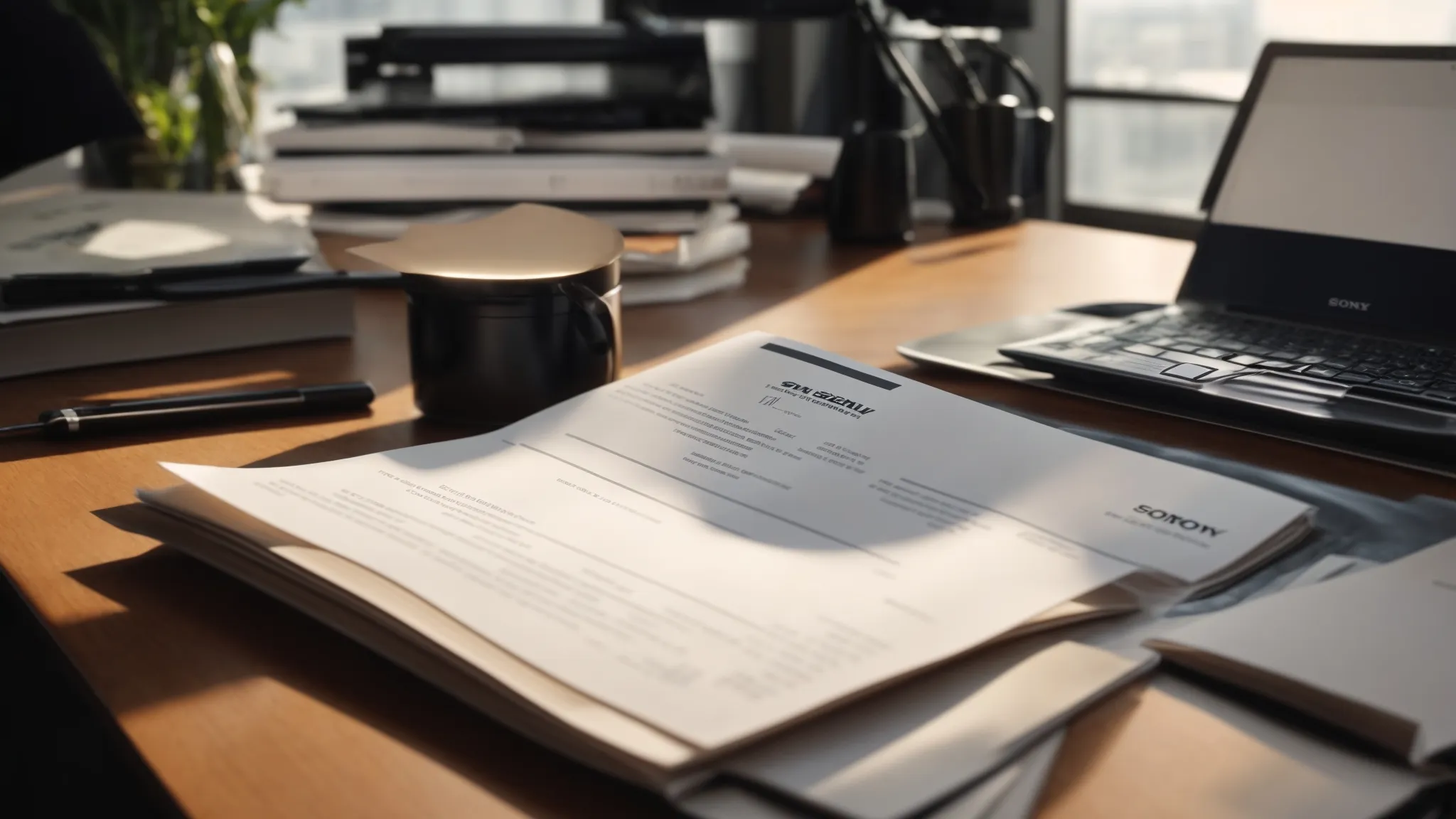 a visually striking close-up of a well-organized desk featuring an array of elegant business and personal cheques, illuminated by soft natural light, highlighting their size compatibility and easy access for enhanced user experience.