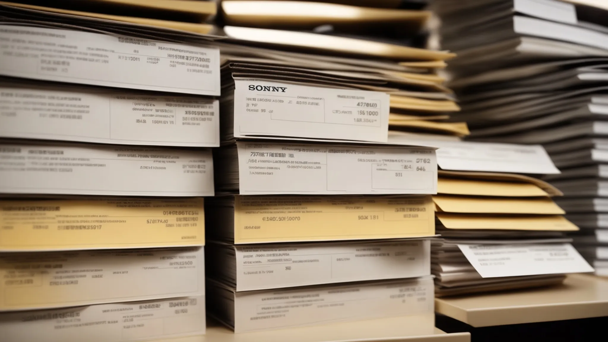 a visually striking close-up of an organized desk featuring neatly stacked business and personal cheques, illuminated by natural light, conveying an atmosphere of professionalism and efficiency in cheque tracking.