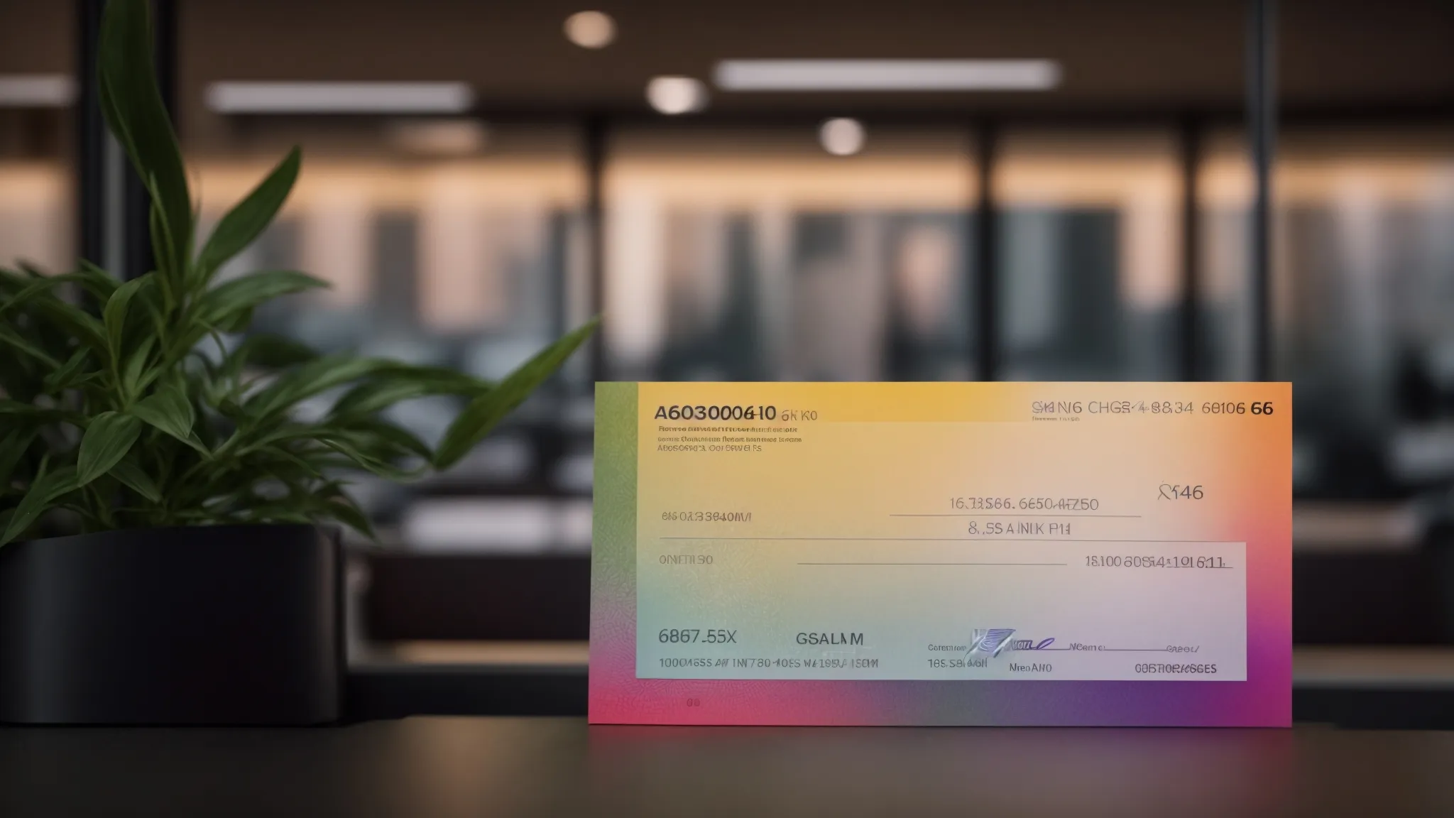 a visually striking composition captures a stack of elegantly designed bulk cheques, showcasing rich colors and intricate security features against a blurred background of a modern office, symbolizing enhanced branding and efficient financial operations.