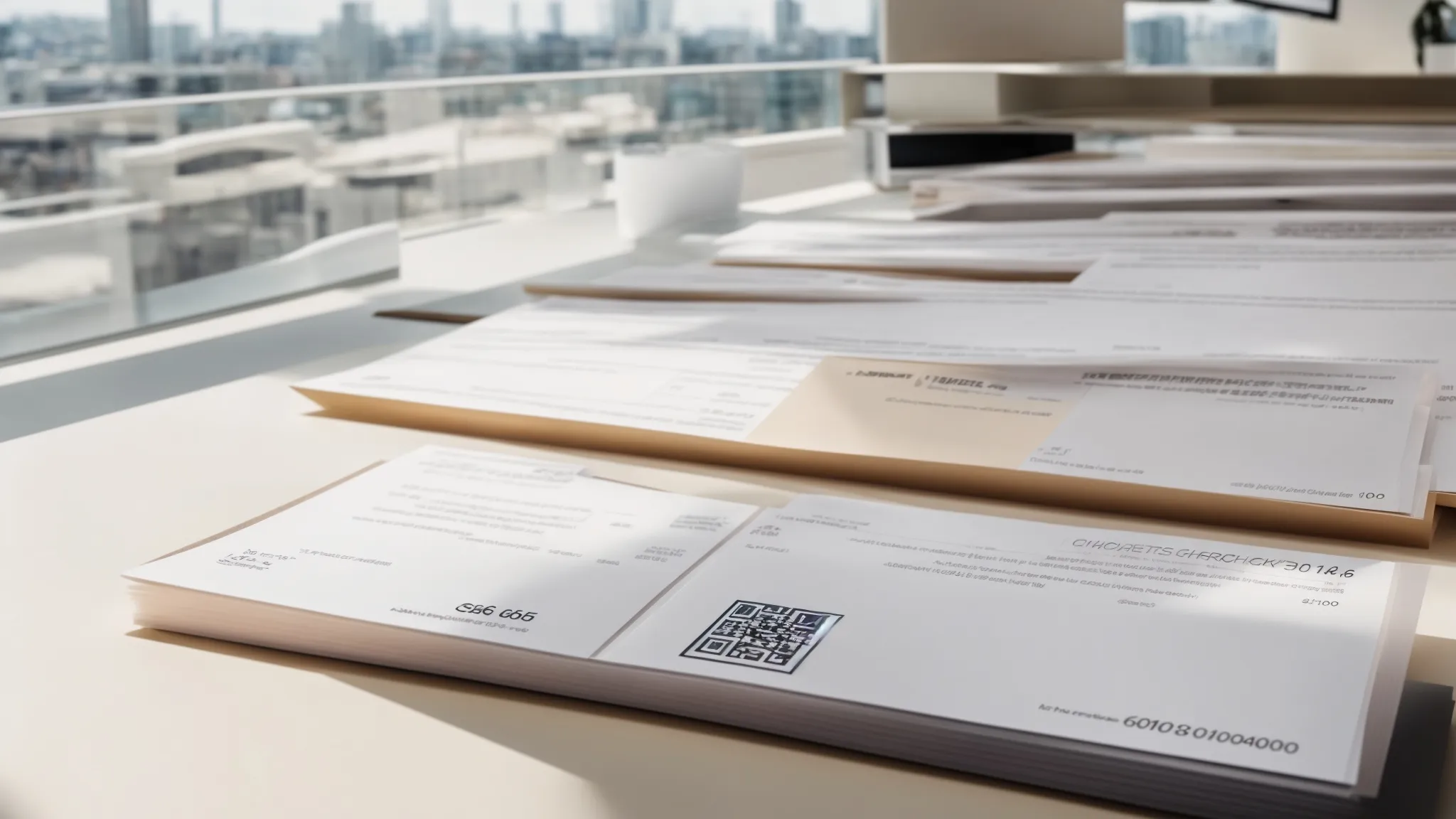 a visually striking display of various business cheques, showcasing the contrast between standard and custom sizes arranged on a sleek office desk, illuminated by soft natural light to highlight their unique designs and functionality.