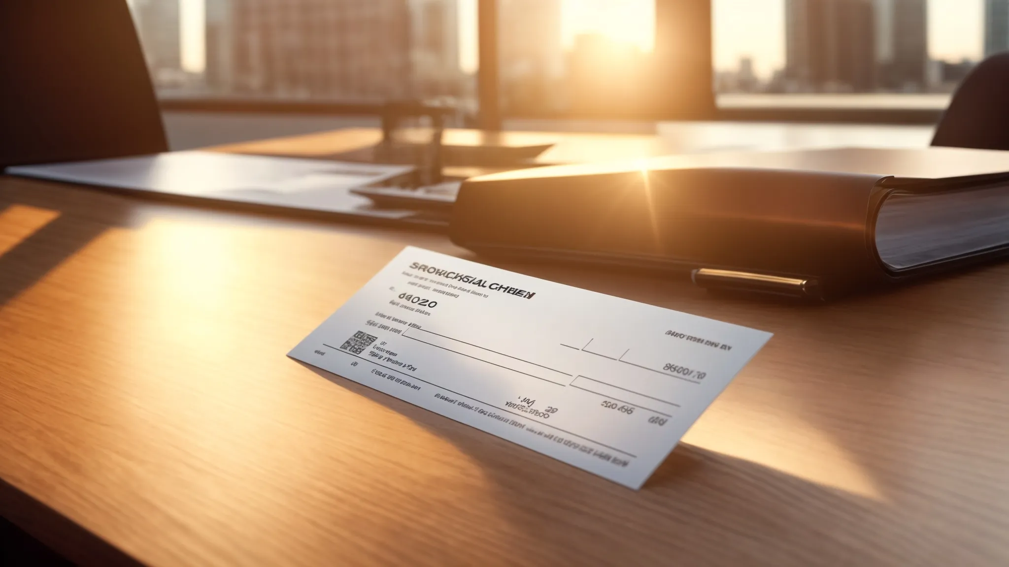 a visually striking image of a sleek, custom printed business cheque prominently displayed on a polished wooden desk, illuminated by soft morning light, symbolizing efficiency and security in financial transactions.