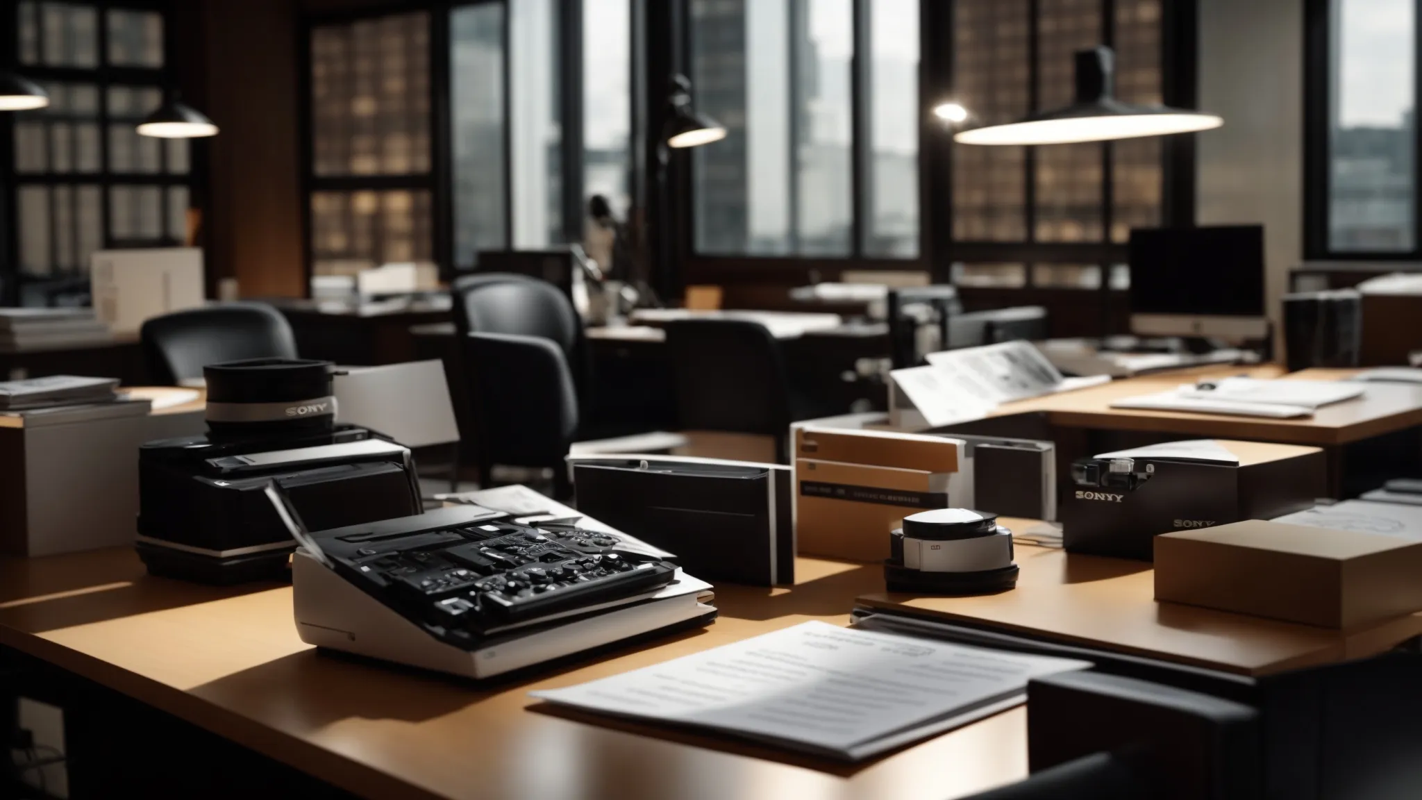 a visually striking, organized workspace featuring an elegant assortment of business and personal cheques arranged neatly, with a soft focus on a central cheque that highlights its security features against a backdrop of a warm, inviting office environment.