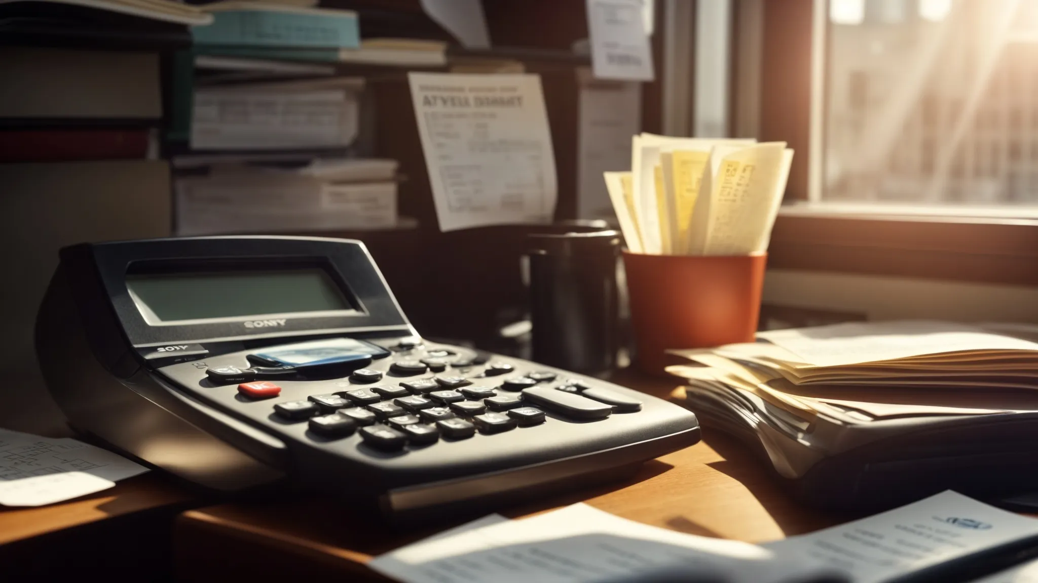 a visually striking scene captures a cluttered yet organized office desk filled with vibrant business cheques, financial documents, and a calculator, illuminated by warm afternoon light filtering through a nearby window, symbolizing the importance of budgeting and financial planning.