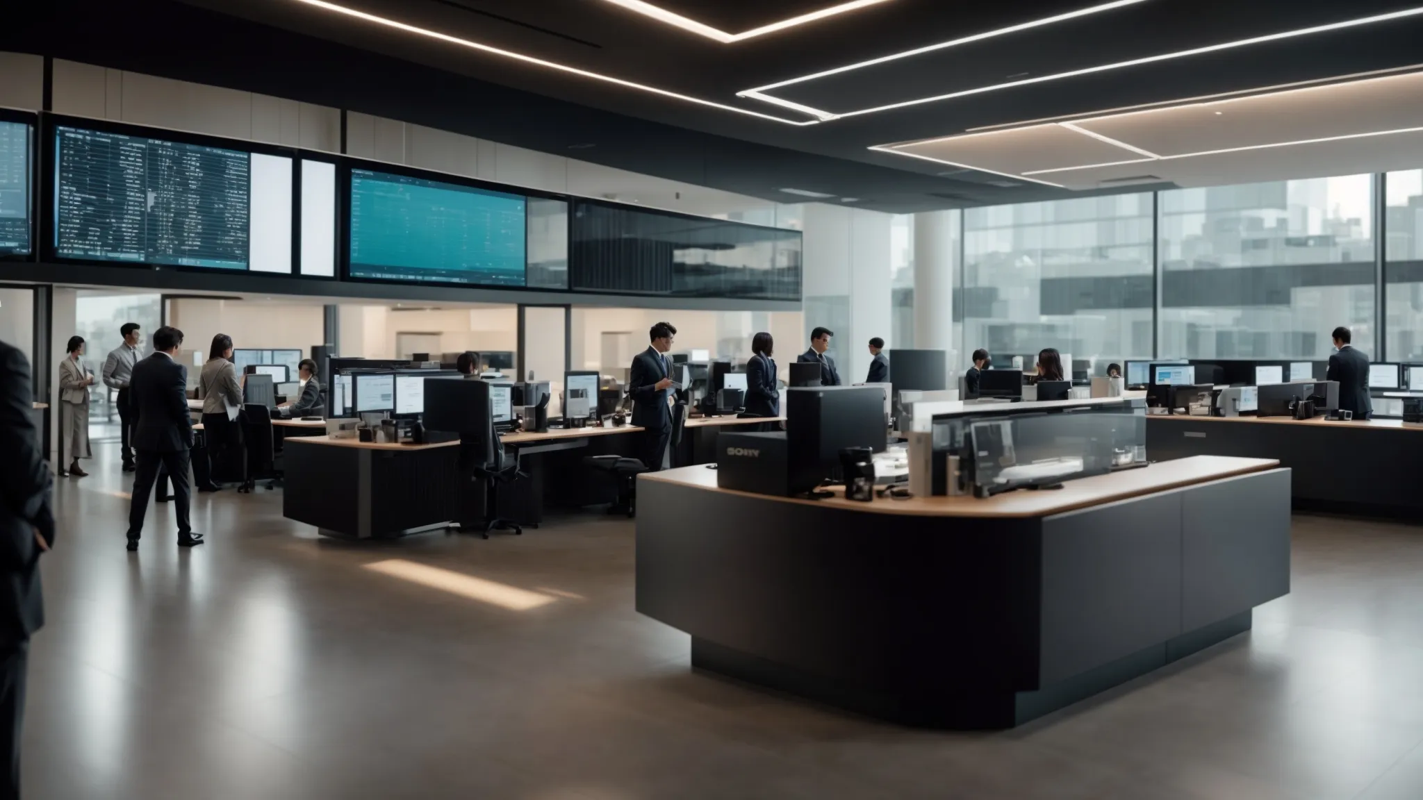 a visually striking scene captures a modern corporate workspace with a sleek, automated cheque ordering system displayed prominently, showcasing digital screens and integrated supplier interfaces against a backdrop of bustling professionals engaged in streamlined financial transactions.