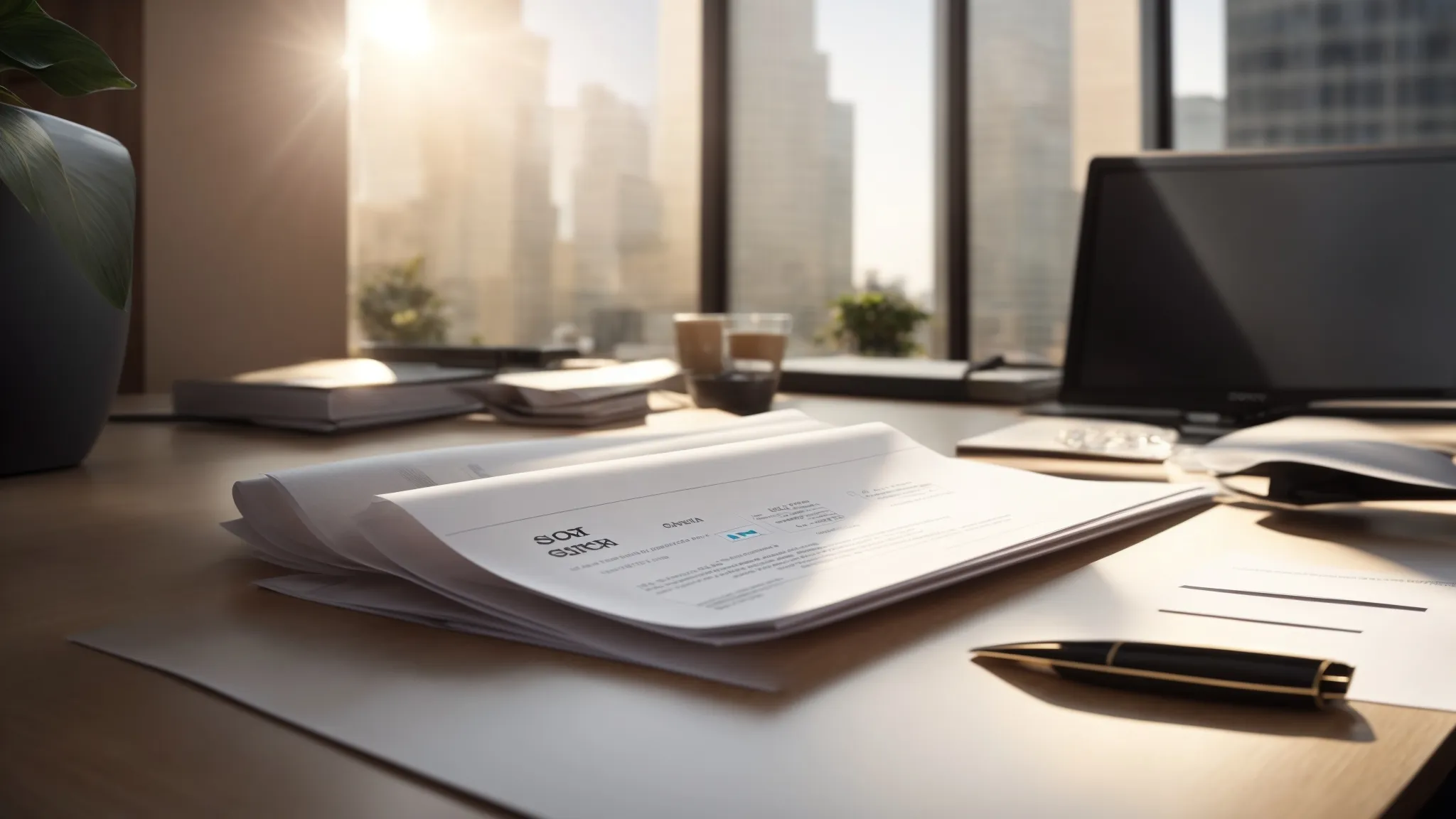 a visually striking scene captures a sleek, modern office desk adorned with an elegant stack of personalized business cheques, bathed in warm, natural light that highlights the textures and details of the cheques, symbolizing financial efficiency and smart budgeting strategies.