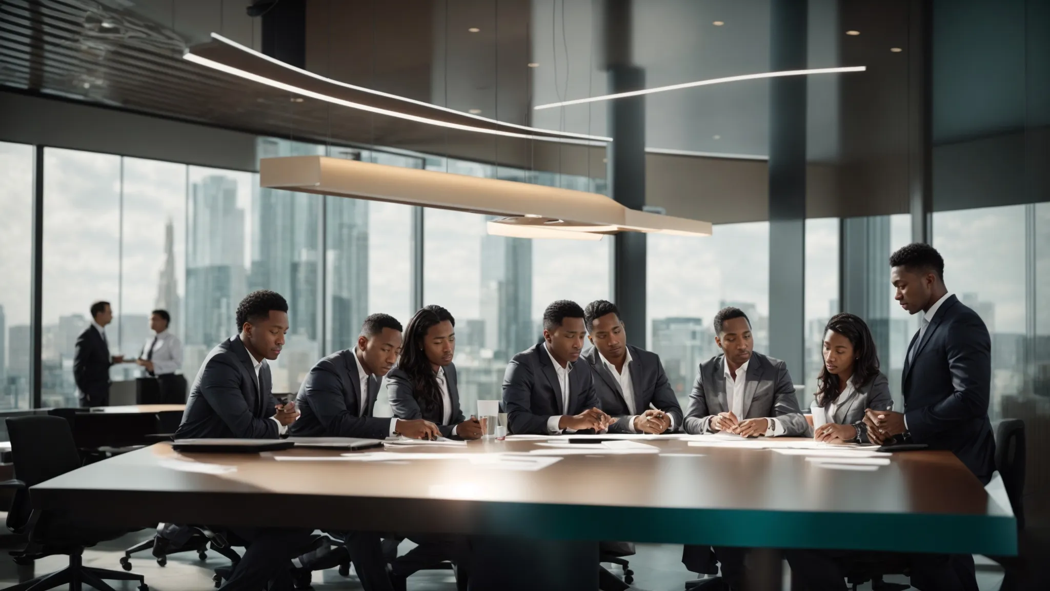 a visually striking scene capturing a diverse group of business professionals intensely examining and comparing various samples of cheques at a sleek conference table, with focused expressions and a bright, modern office backdrop illuminating their quest for cost transparency.