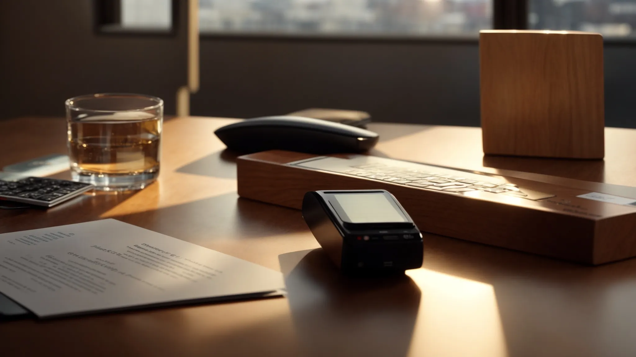 a visually striking scene depicting a close-up of a polished wooden desk with a neatly stacked arrangement of business and personal cheques alongside modern digital payment devices, illuminated by soft, warm lighting to highlight the contrast between traditional and contemporary payment methods.