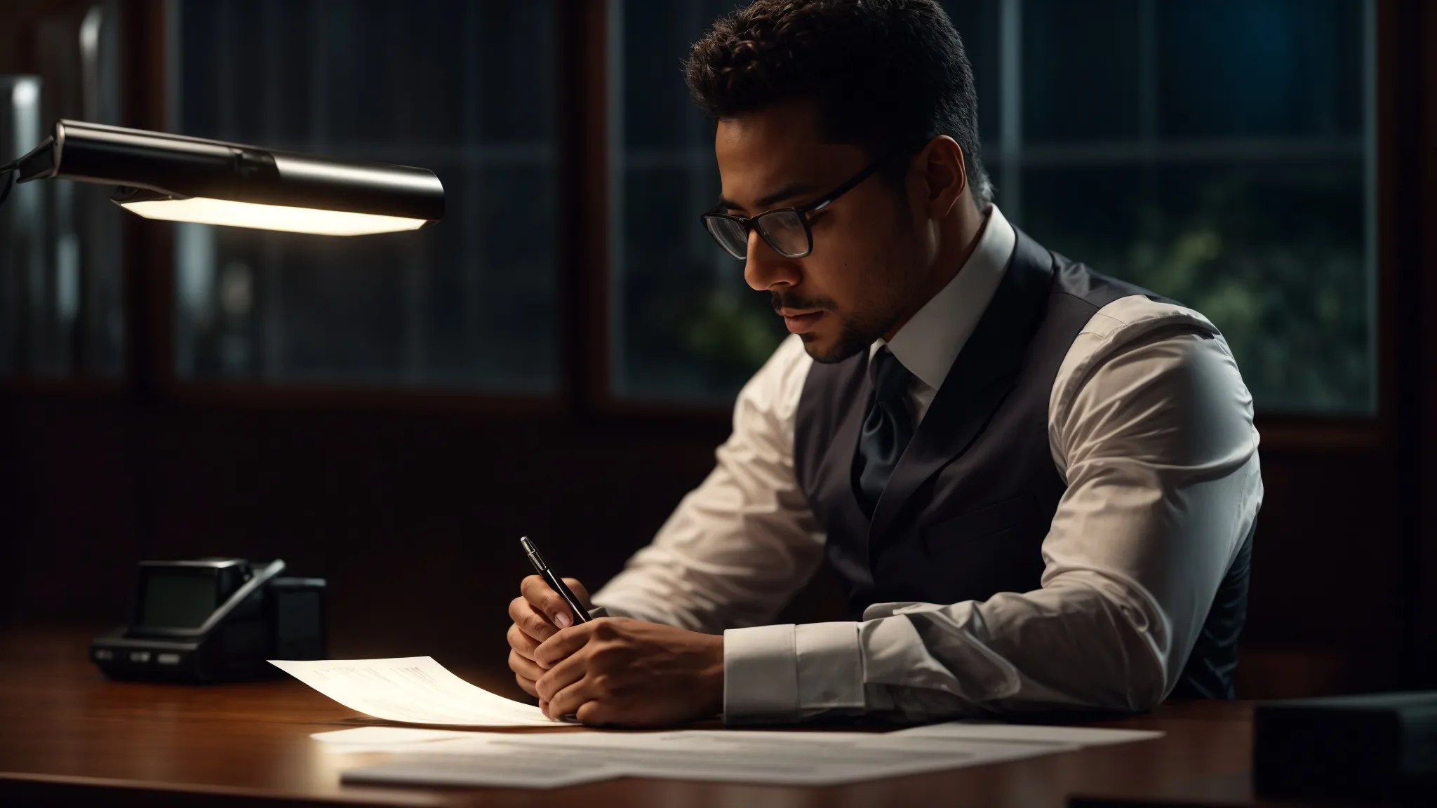 a visually striking scene depicts a business professional contemplatively reviewing various cheques alongside a calculator and financial documents, bathed in warm, soft lighting that emphasizes the importance of understanding stop payment fees in wealth management.