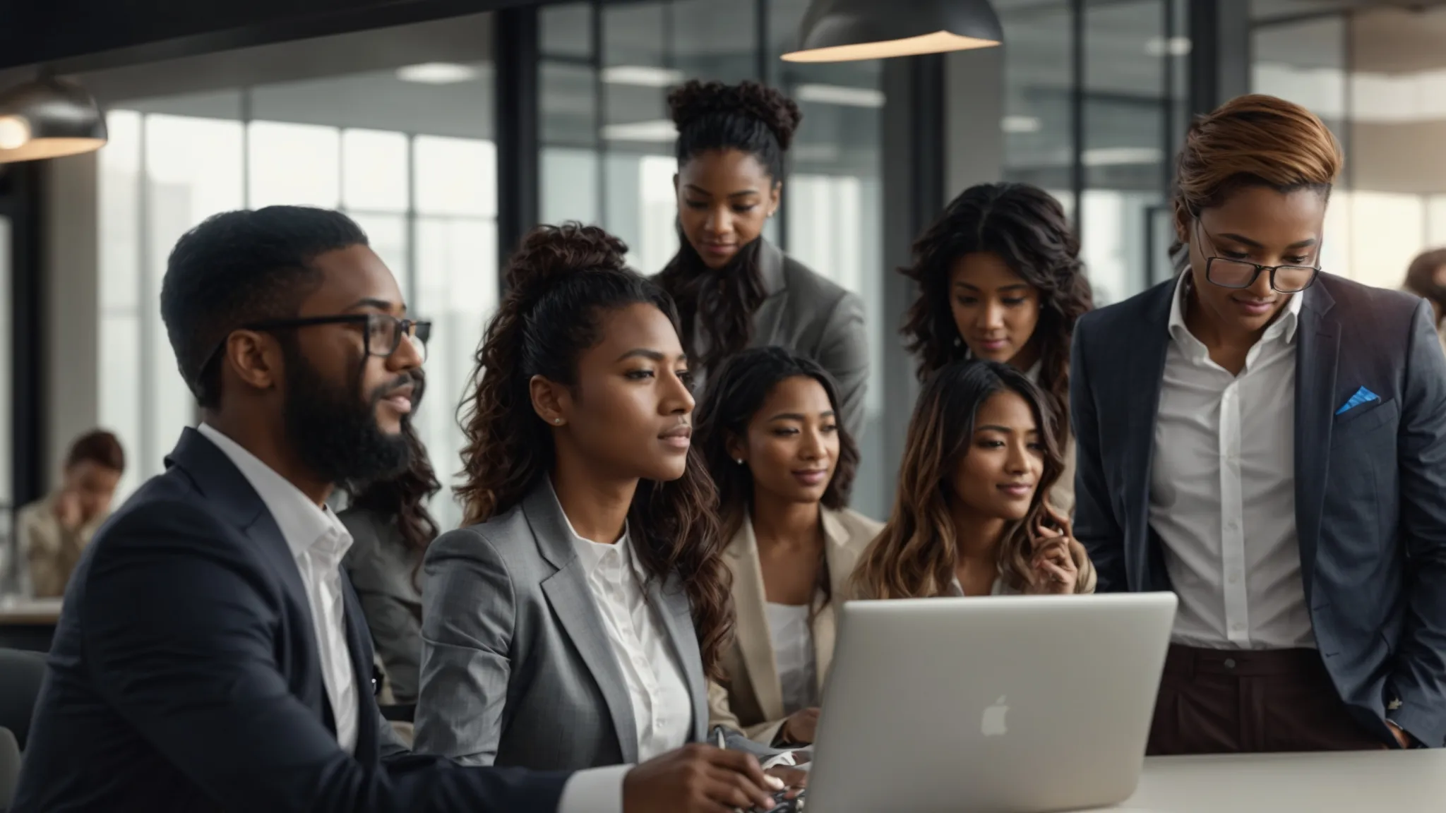 a visually striking scene of a diverse group of customers, expressing a range of emotions while discussing their experiences with ordering personalized cheques online, set against a modern office backdrop with bright, natural lighting.