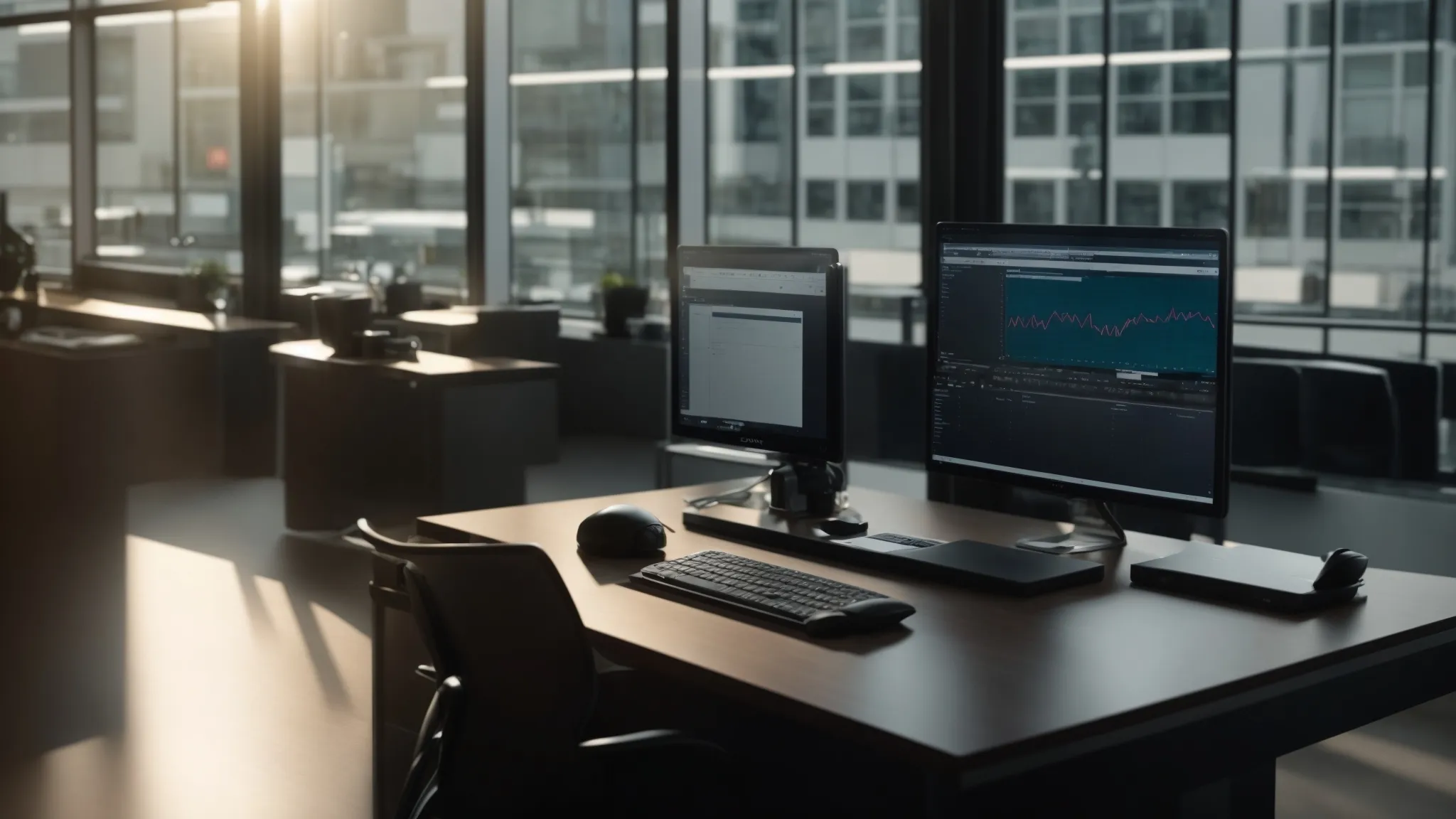a visually striking scene of a modern office workspace showcasing a clear digital dashboard displaying cheque payment tracking status, illuminated by soft natural light filtering through large windows, emphasizing efficiency and technological integration in financial management.